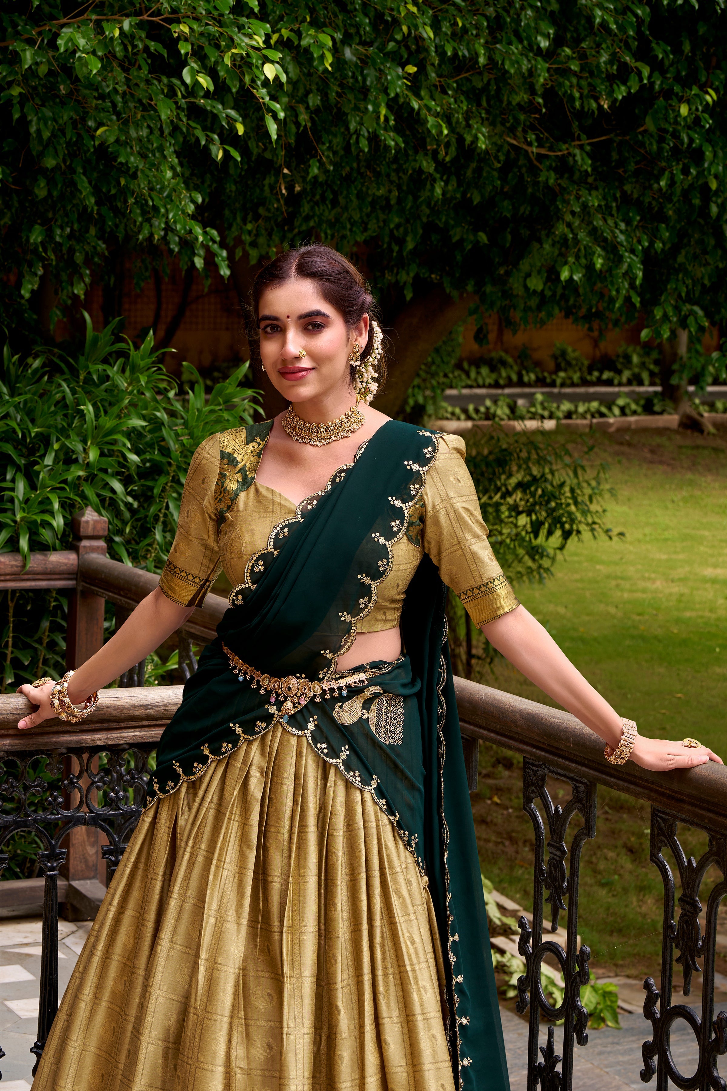 Cream poly cotton zari weaving half saree lehenga choli