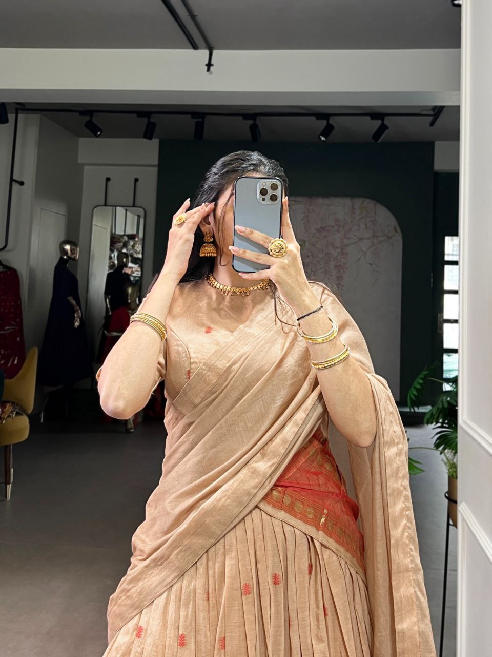 Cream pure Chanderi zari weaving half saree lehenga choli