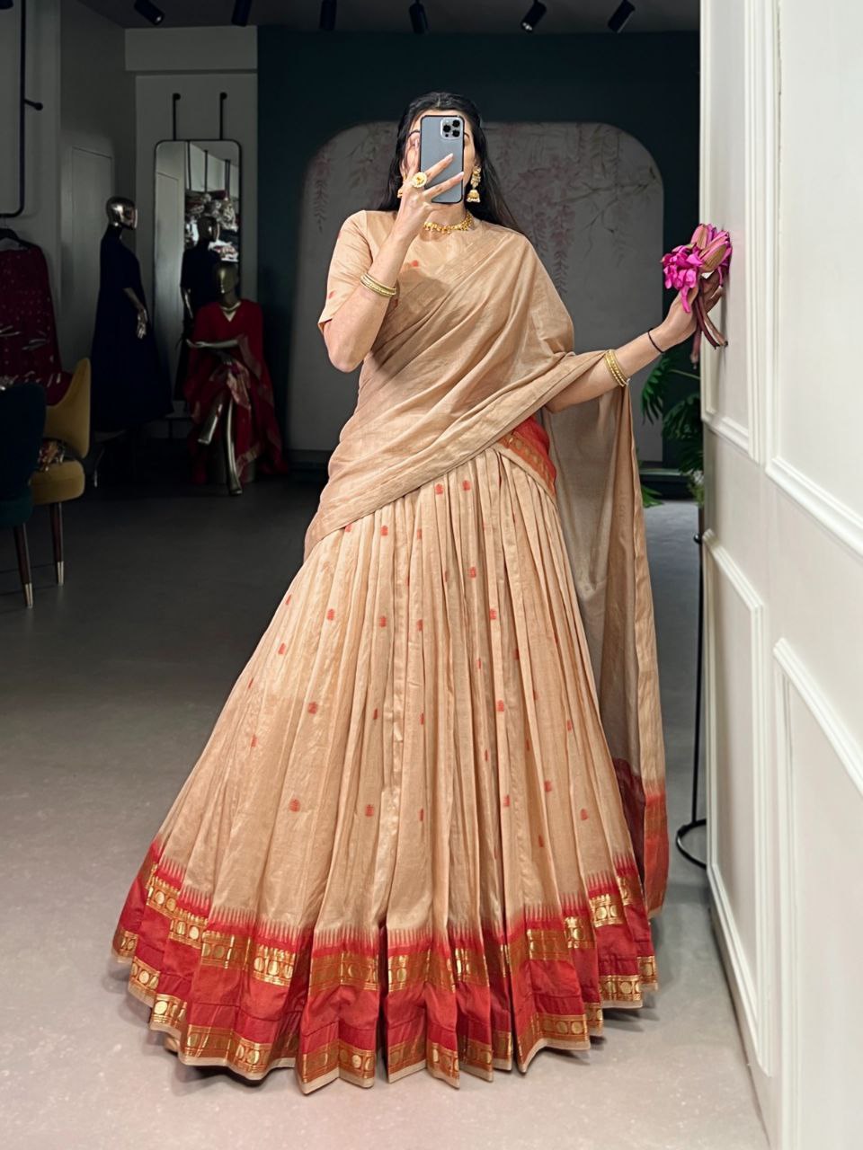 Cream pure Chanderi zari weaving half saree lehenga choli