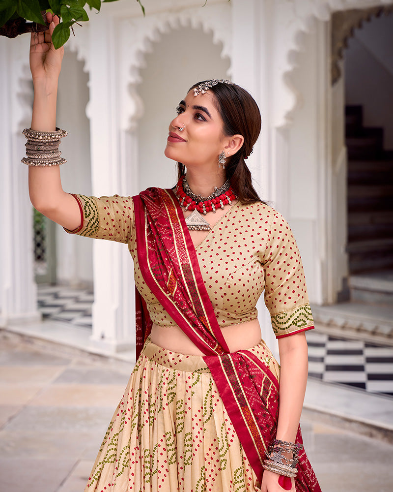 Cream silk Bandhani print Gotta Patti lace work lehenga choli
