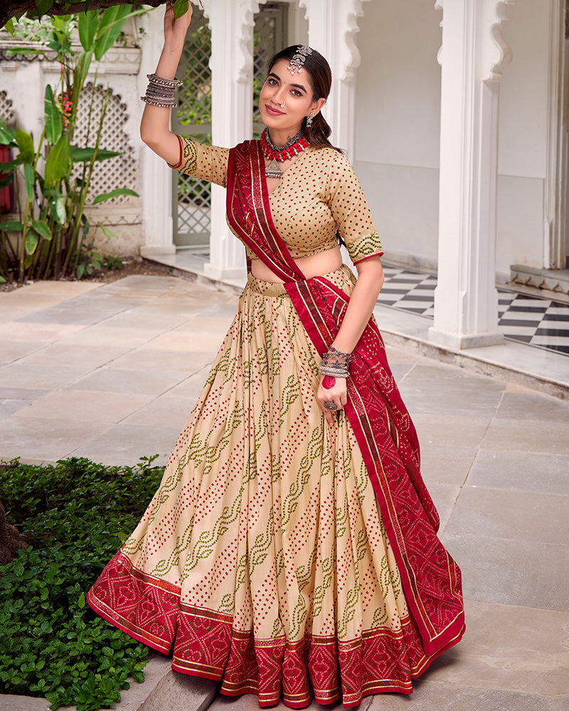 Cream silk Bandhani print Gotta Patti lace work lehenga choli