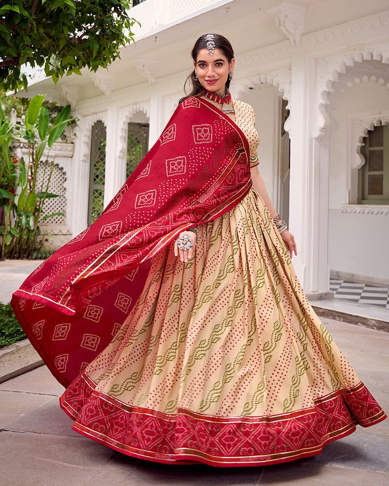 Cream silk Bandhani print Gotta Patti lace work lehenga choli