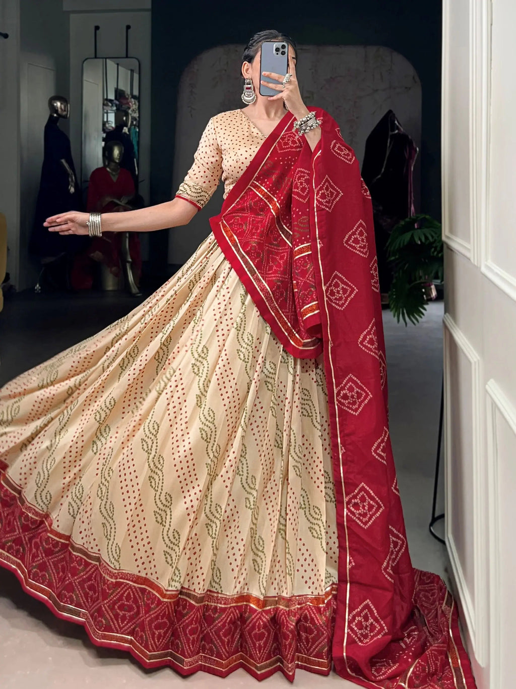 Cream silk bandhani print lehenga choli with gotta patti lace work