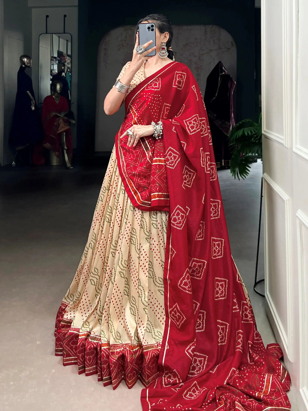 Cream silk bandhani print lehenga choli with gotta patti lace work