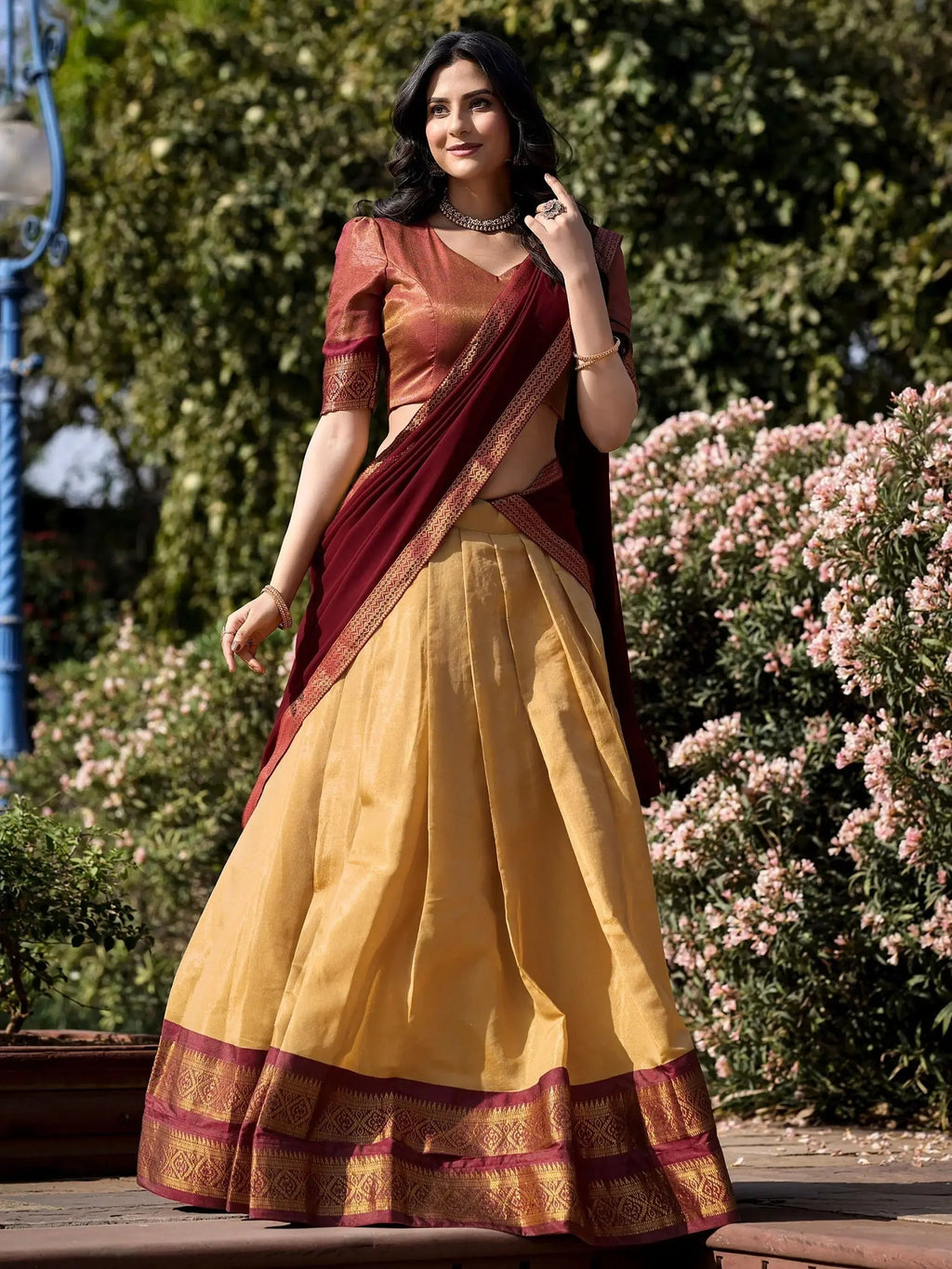 Cream Kanchipuram silk zari weaving work traditional lehenga choli