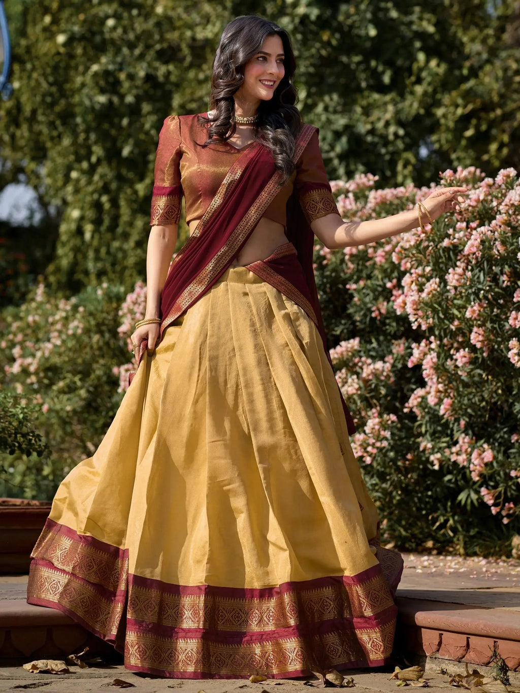 Cream Kanchipuram silk zari weaving work traditional lehenga choli