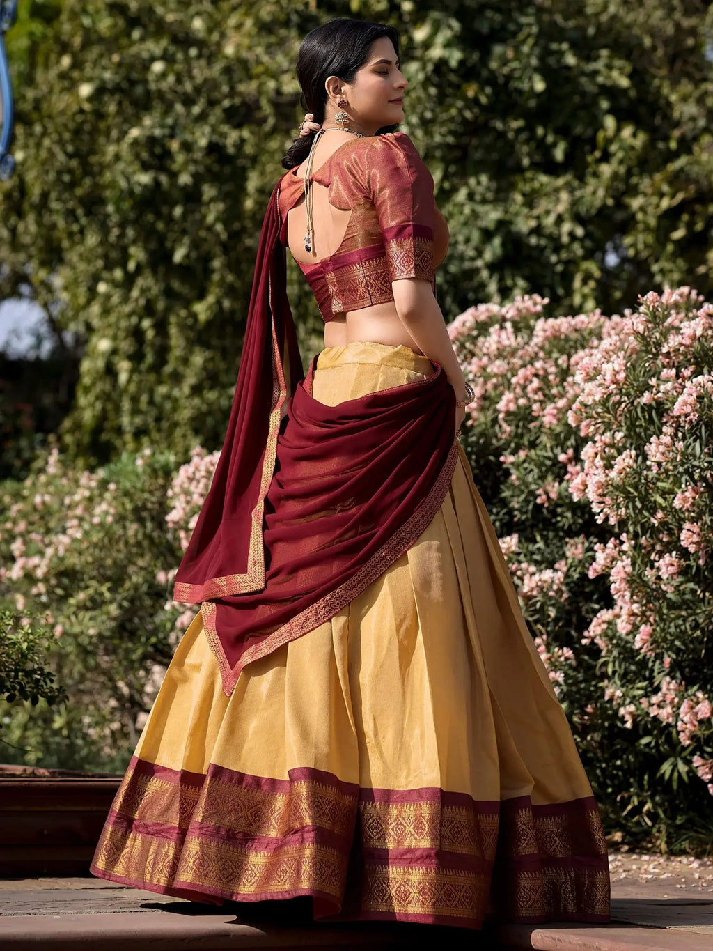 Cream Kanchipuram silk zari weaving work traditional lehenga choli