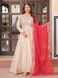 Cream silk gown with pearl beads embroidery and red bandhani dupatta