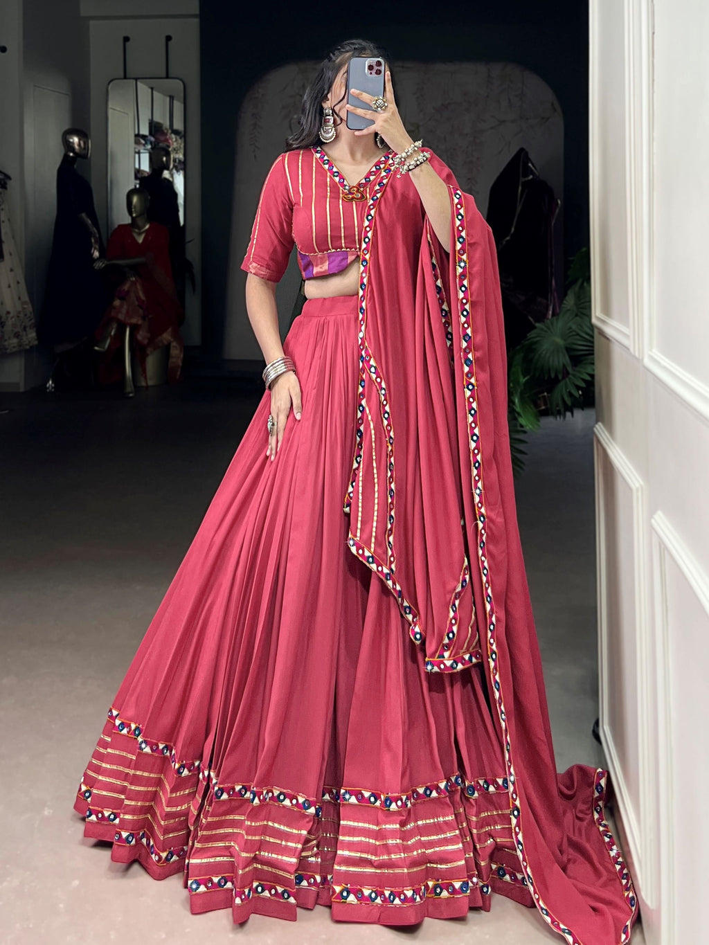 Dark pink pure rayon lehenga choli with mirror gamthi and gotta patti work