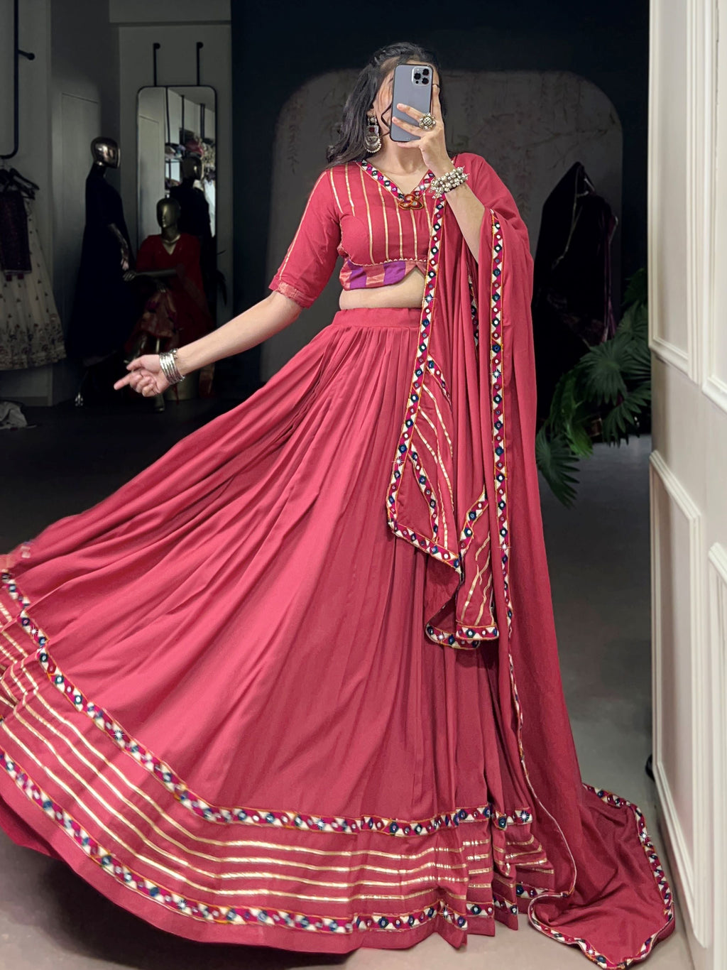 Dark pink pure rayon lehenga choli with mirror gamthi and gotta patti work