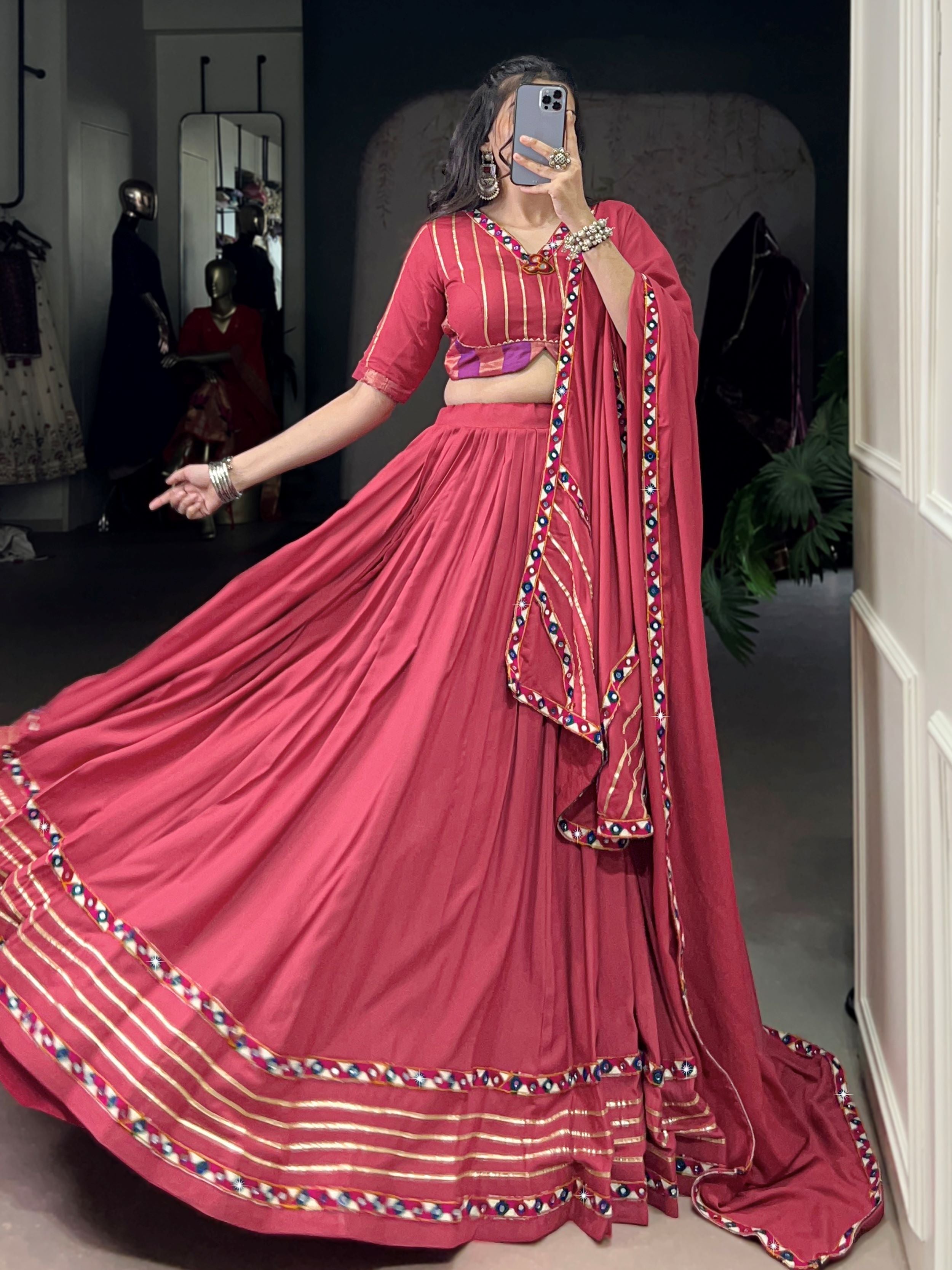 Dark pink pure rayon lehenga choli with mirror gamthi and gotta patti work
