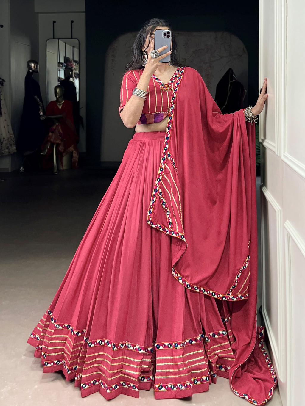 Dark pink pure rayon lehenga choli with mirror gamthi and gotta patti work