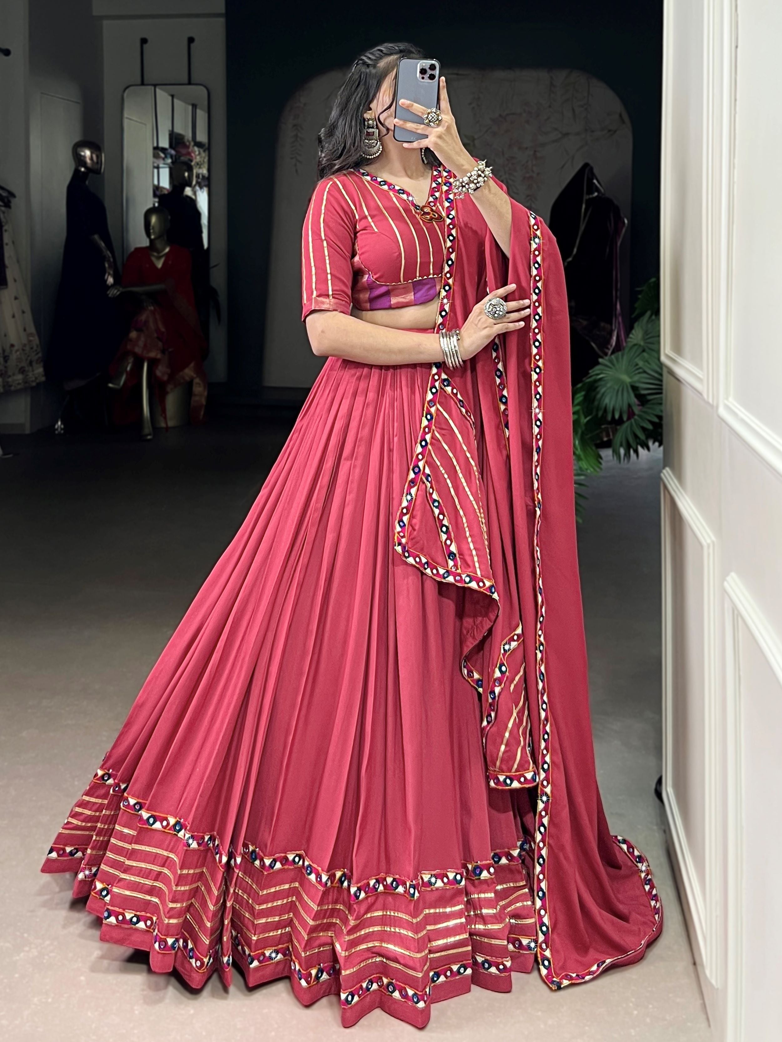 Dark pink pure rayon lehenga choli with mirror gamthi and gotta patti work