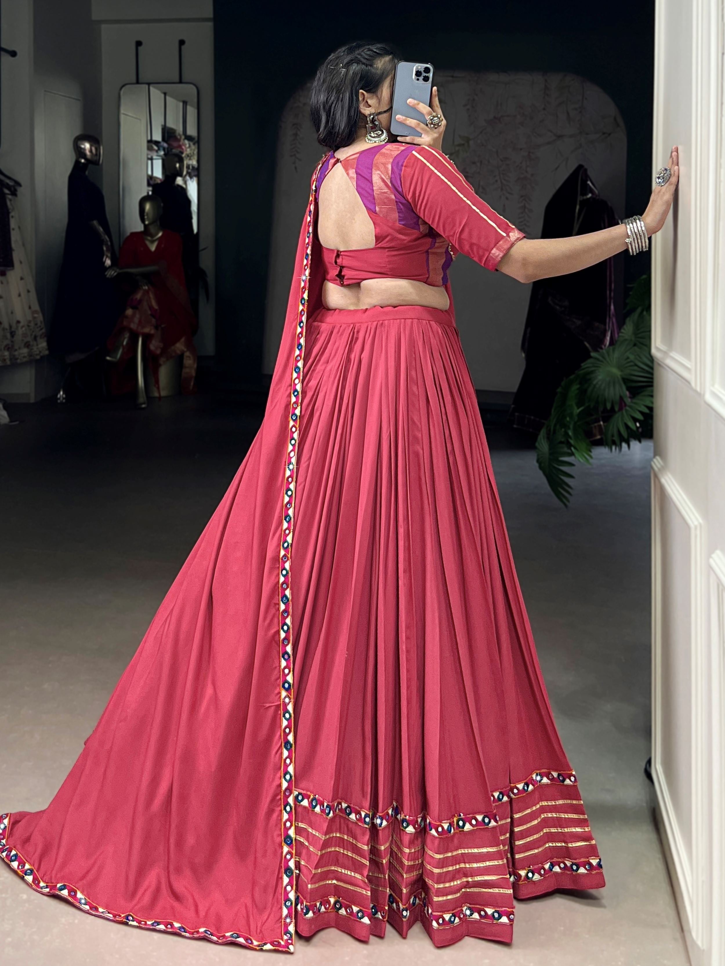 Dark pink pure rayon lehenga choli with mirror gamthi and gotta patti work