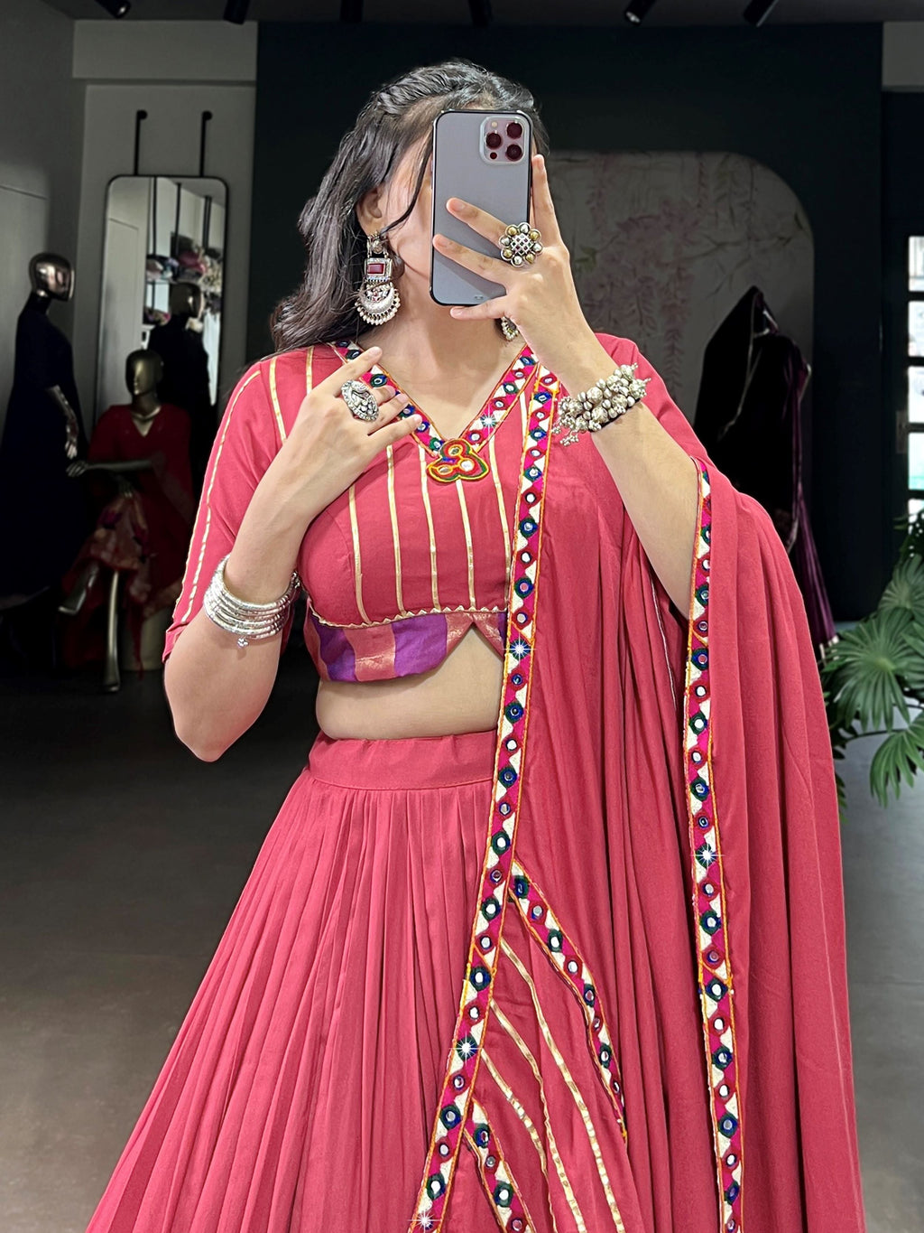Dark pink pure rayon lehenga choli with mirror gamthi and gotta patti work