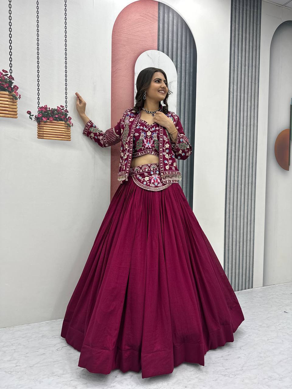 Devanshi magenta vichitra silk crop top lehenga choli with jacket