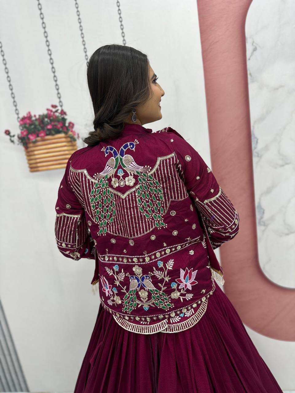 Devanshi magenta vichitra silk crop top lehenga choli with jacket