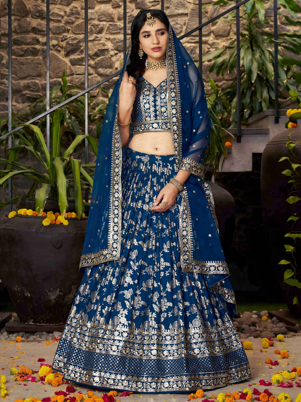 Dove blue Dola silk jacquard embroidered lehenga choli with dupatta