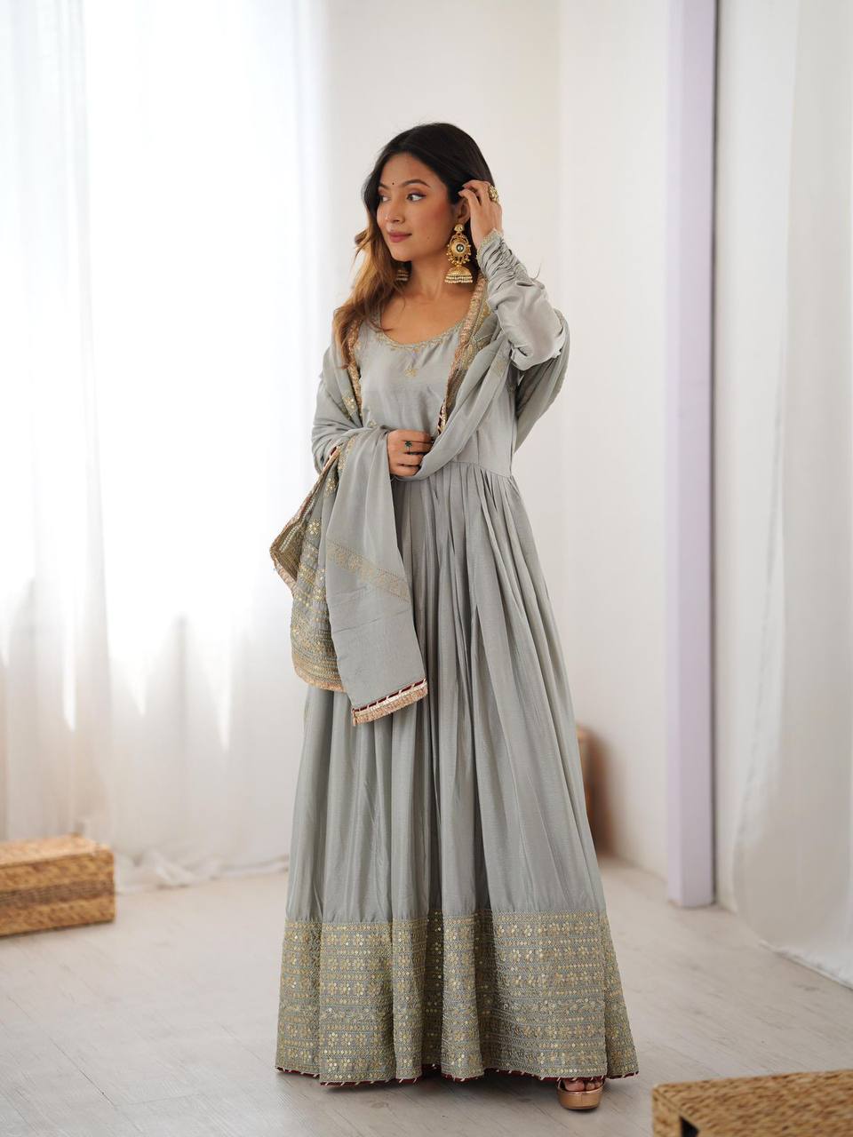 Dove grey chinon silk embroidered anarkali suit with dupatta