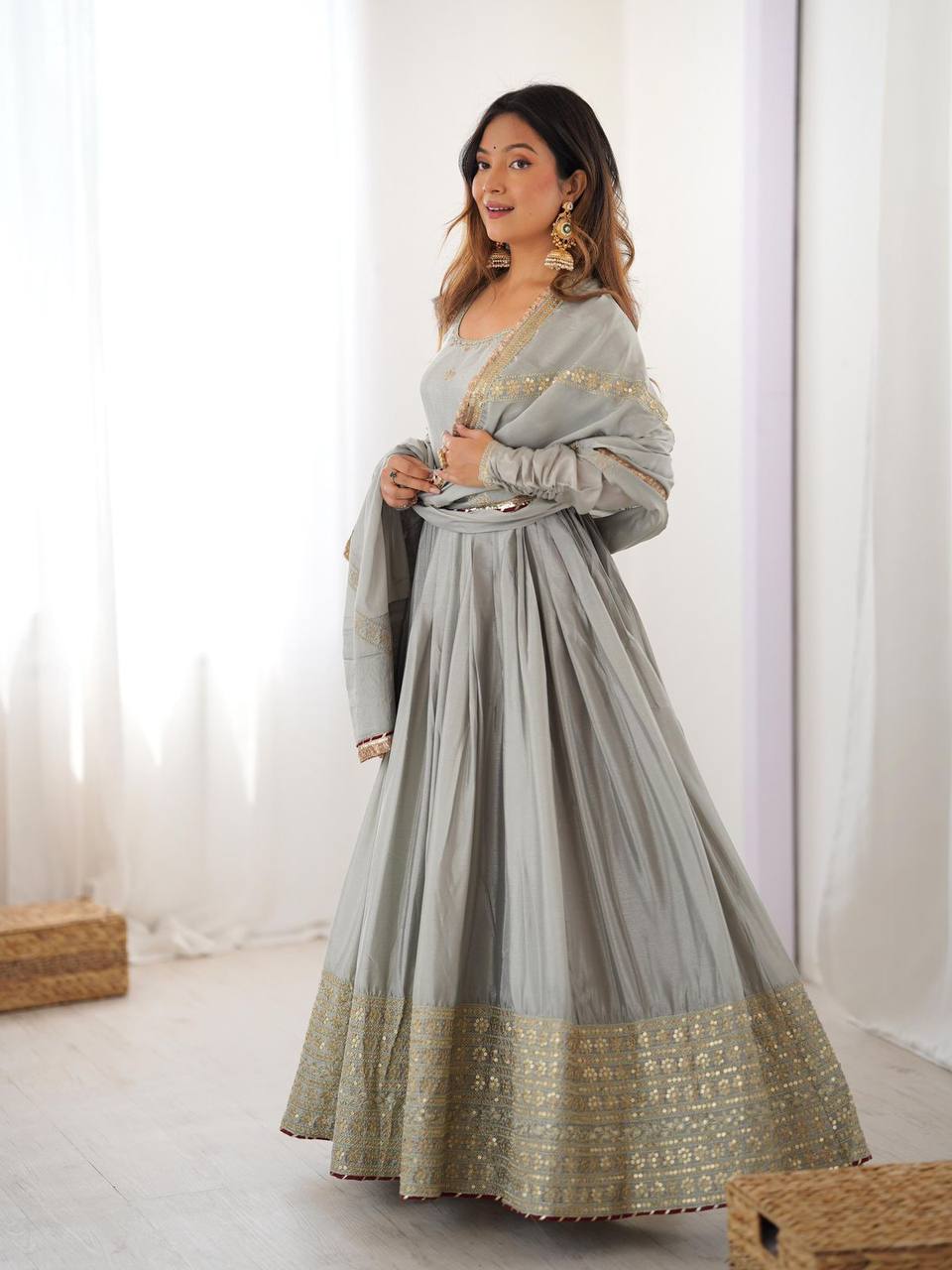 Dove grey chinon silk embroidered anarkali suit with dupatta