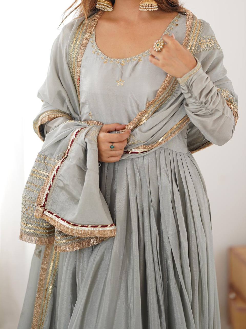 Dove grey chinon silk embroidered anarkali suit with dupatta