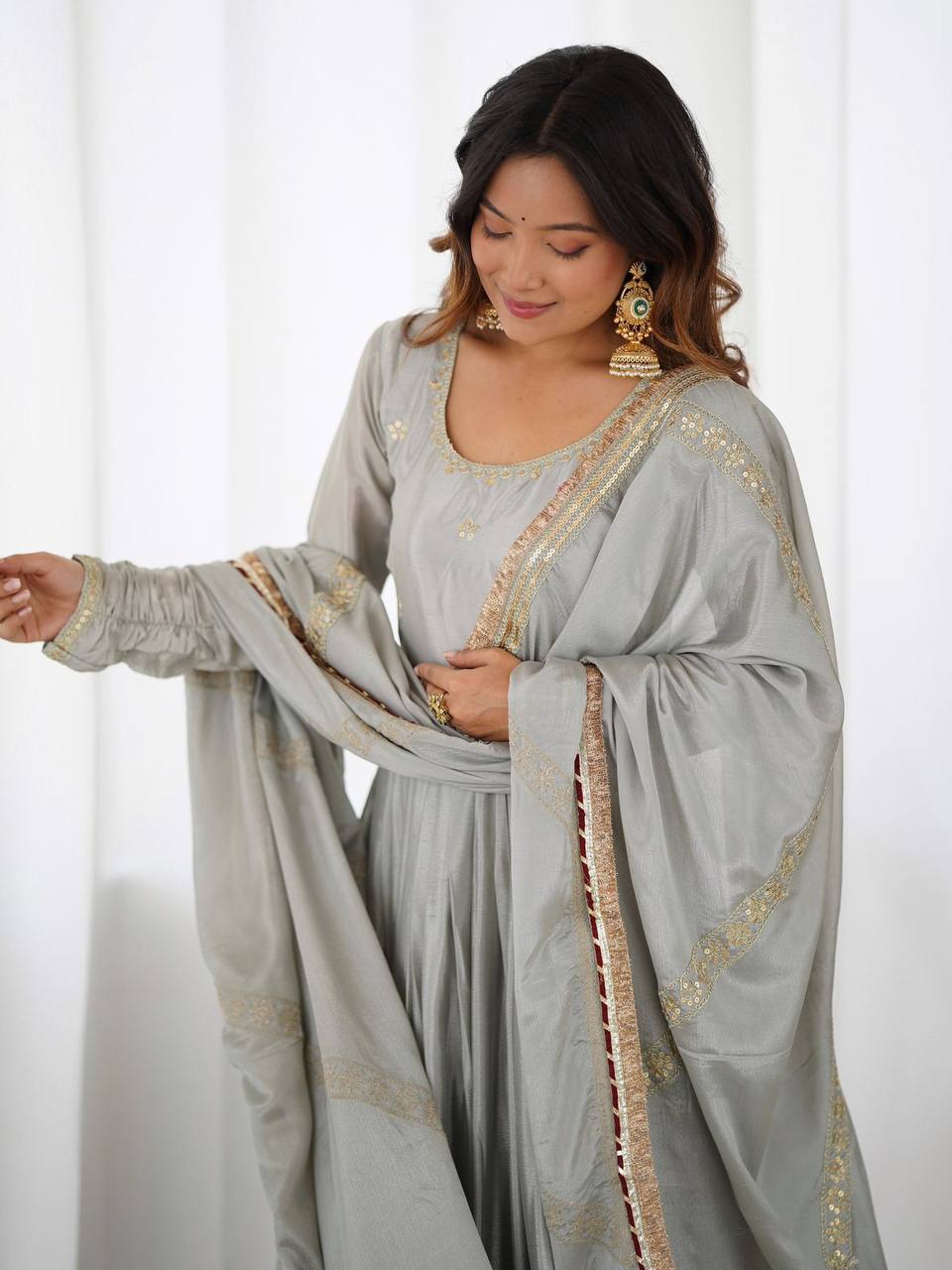 Dove grey chinon silk embroidered anarkali suit with dupatta