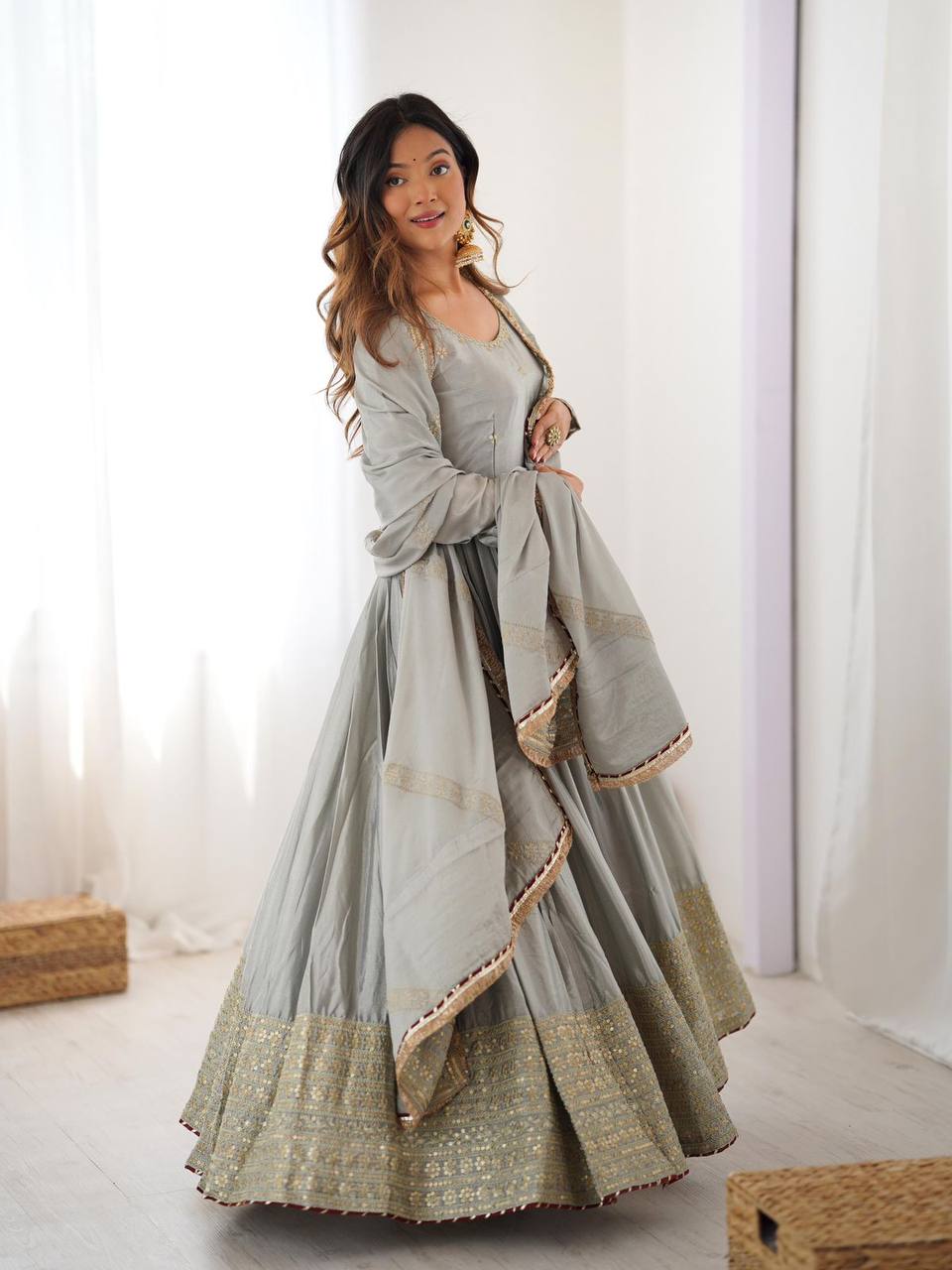 Dove grey chinon silk embroidered anarkali suit with dupatta