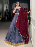 Dusty blue rayon mirror Gamthi work lehenga choli with dupatta