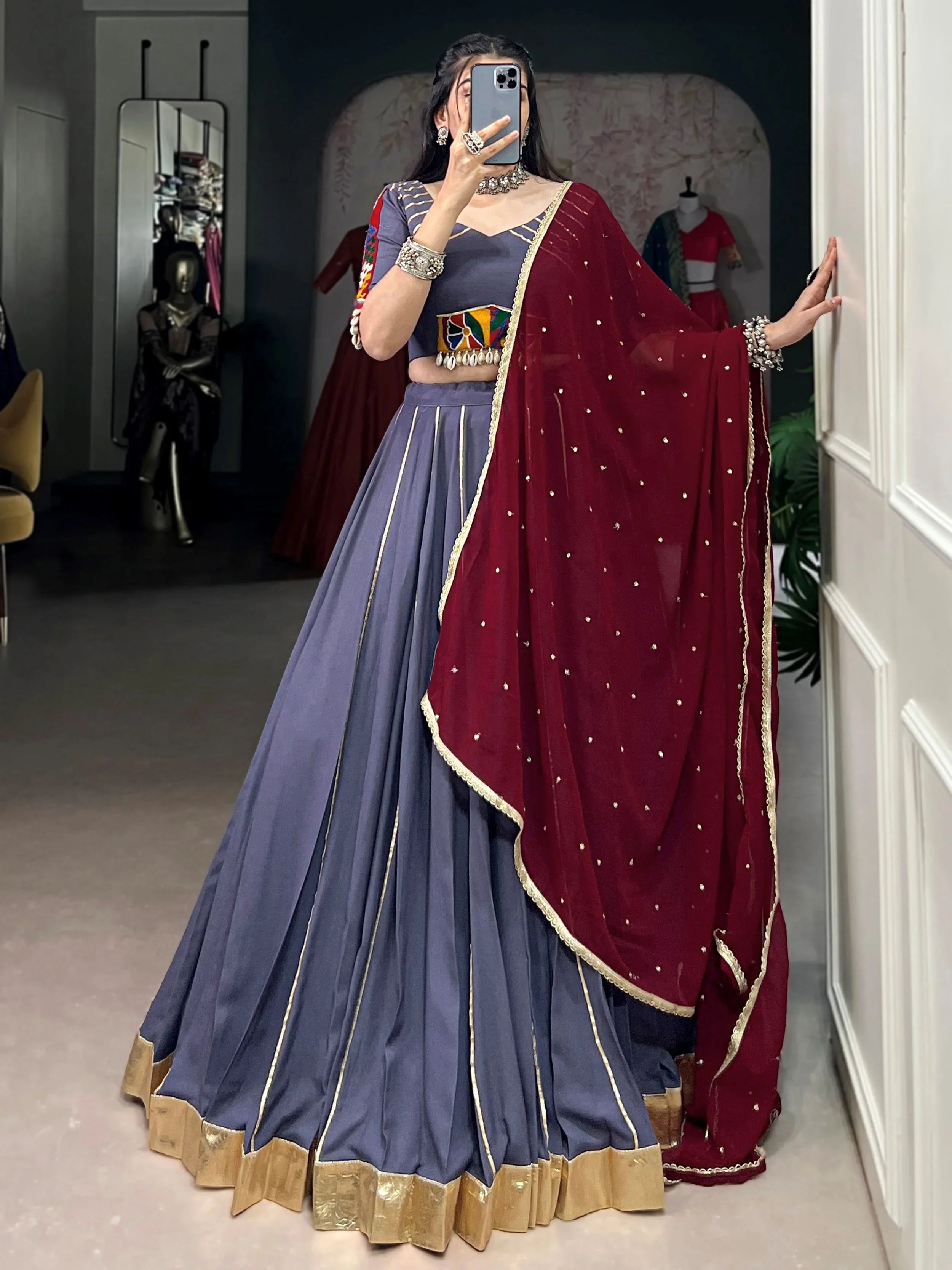 Dusty blue rayon mirror Gamthi work lehenga choli with dupatta