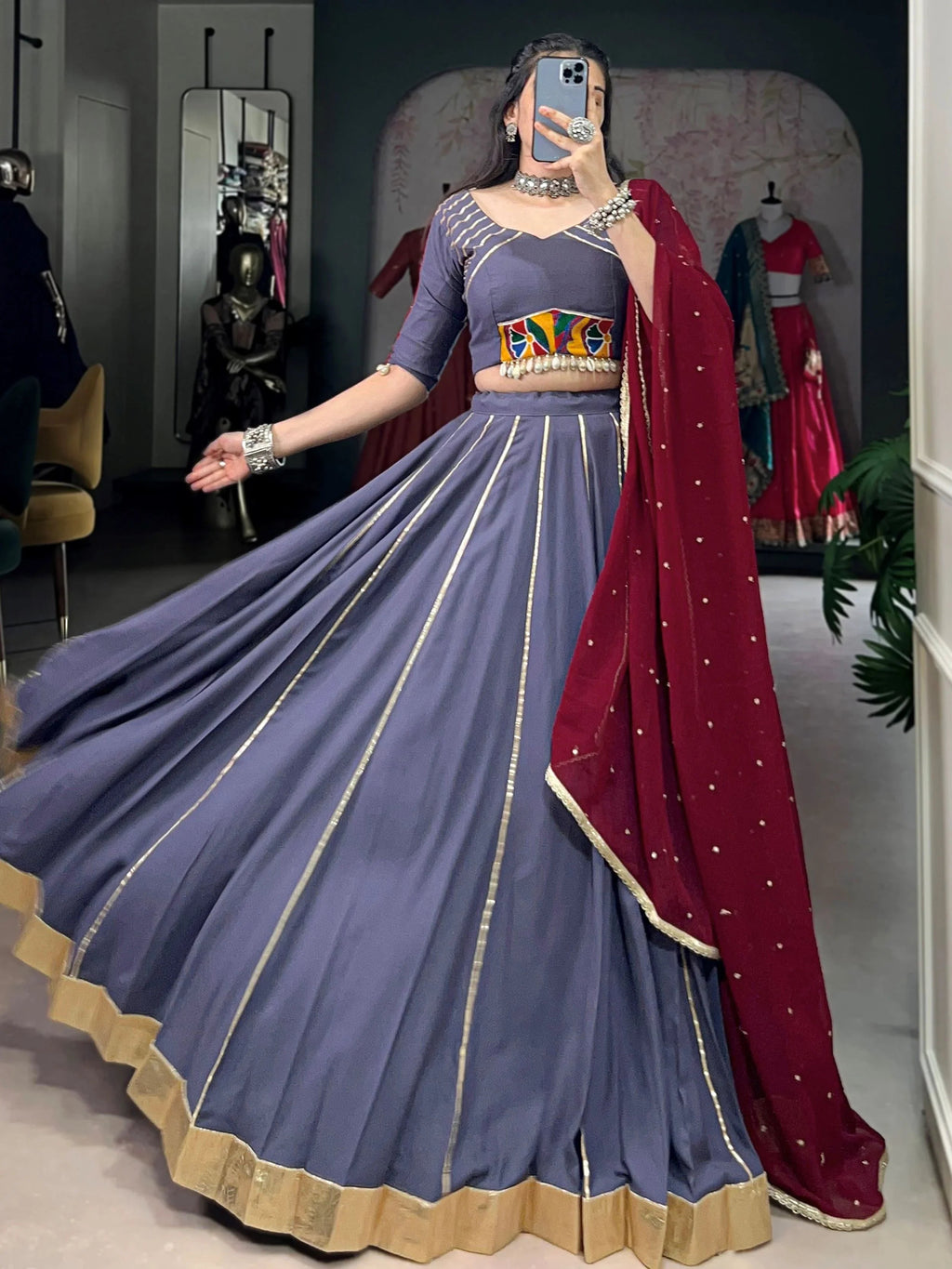 Dusty blue rayon mirror Gamthi work lehenga choli with dupatta