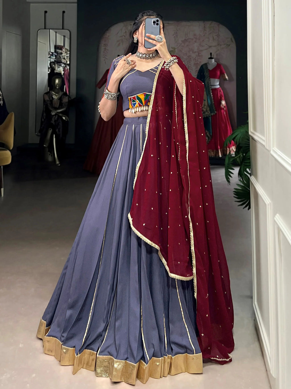 Dusty blue rayon mirror Gamthi work lehenga choli with dupatta