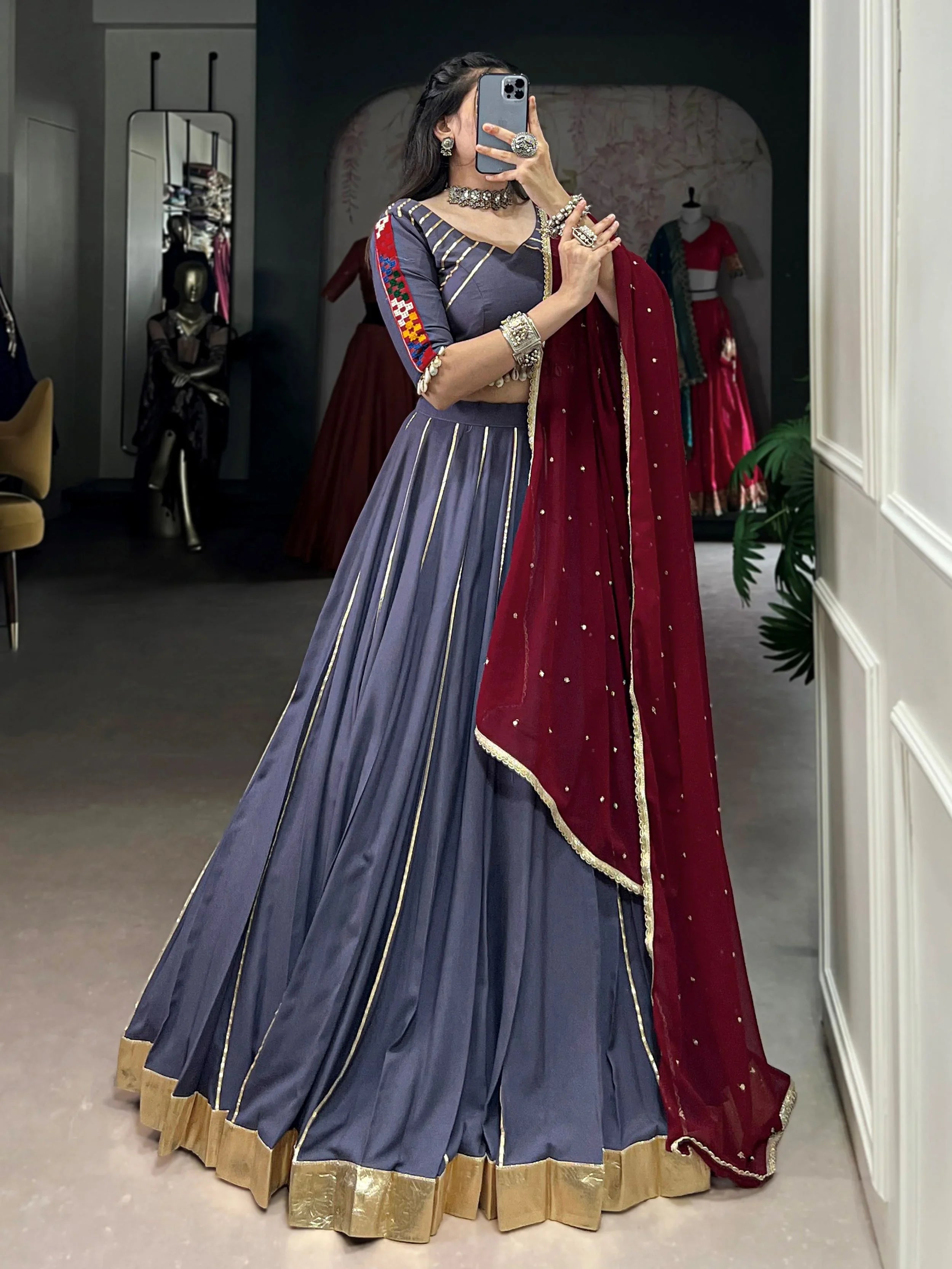 Dusty blue rayon mirror Gamthi work lehenga choli with dupatta