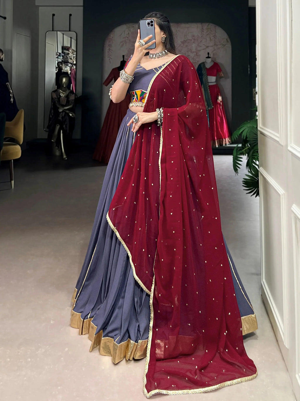 Dusty blue rayon mirror Gamthi work lehenga choli with dupatta