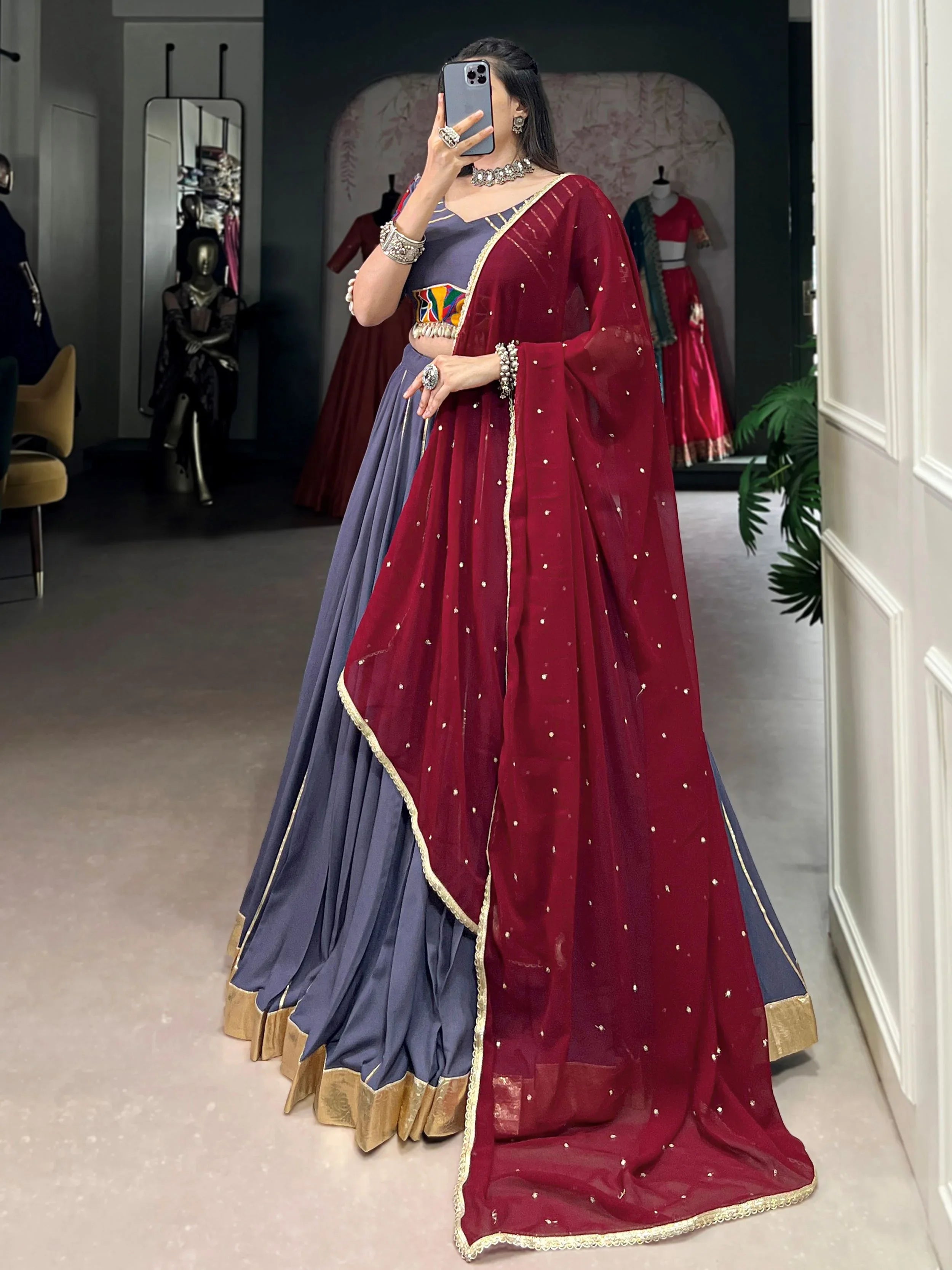 Dusty blue rayon mirror Gamthi work lehenga choli with dupatta