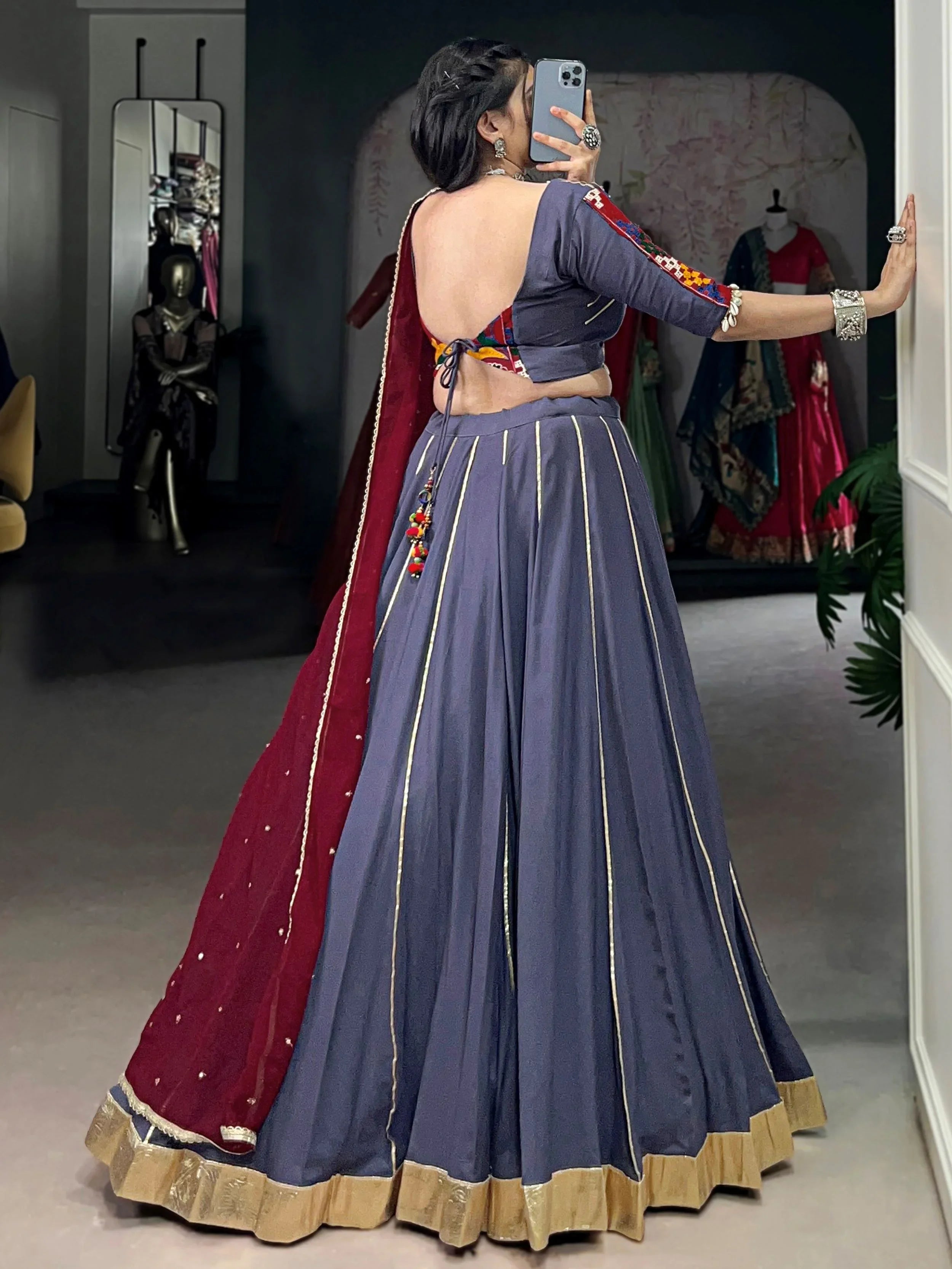 Dusty blue rayon mirror Gamthi work lehenga choli with dupatta