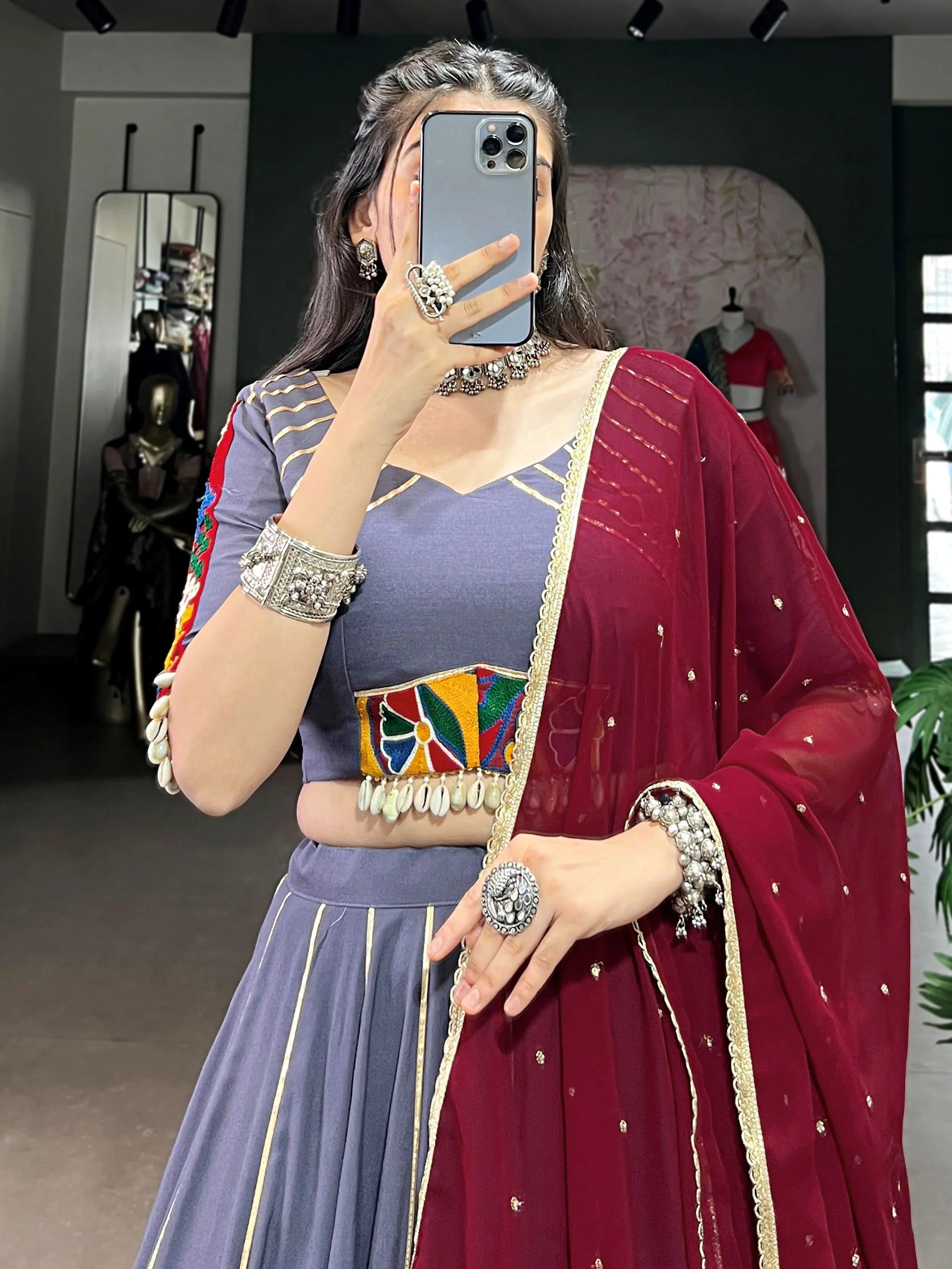 Dusty blue rayon mirror Gamthi work lehenga choli with dupatta