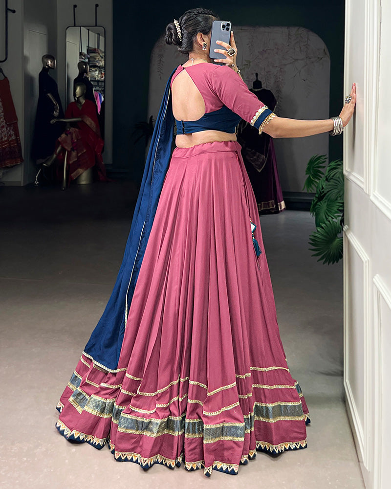 Dusty pink pure rayon lace mirror work lehenga choli with dupatta