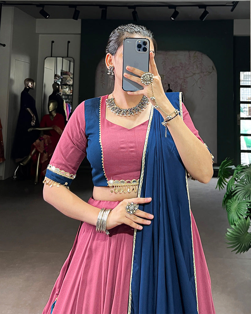 Dusty pink pure rayon lace mirror work lehenga choli with dupatta