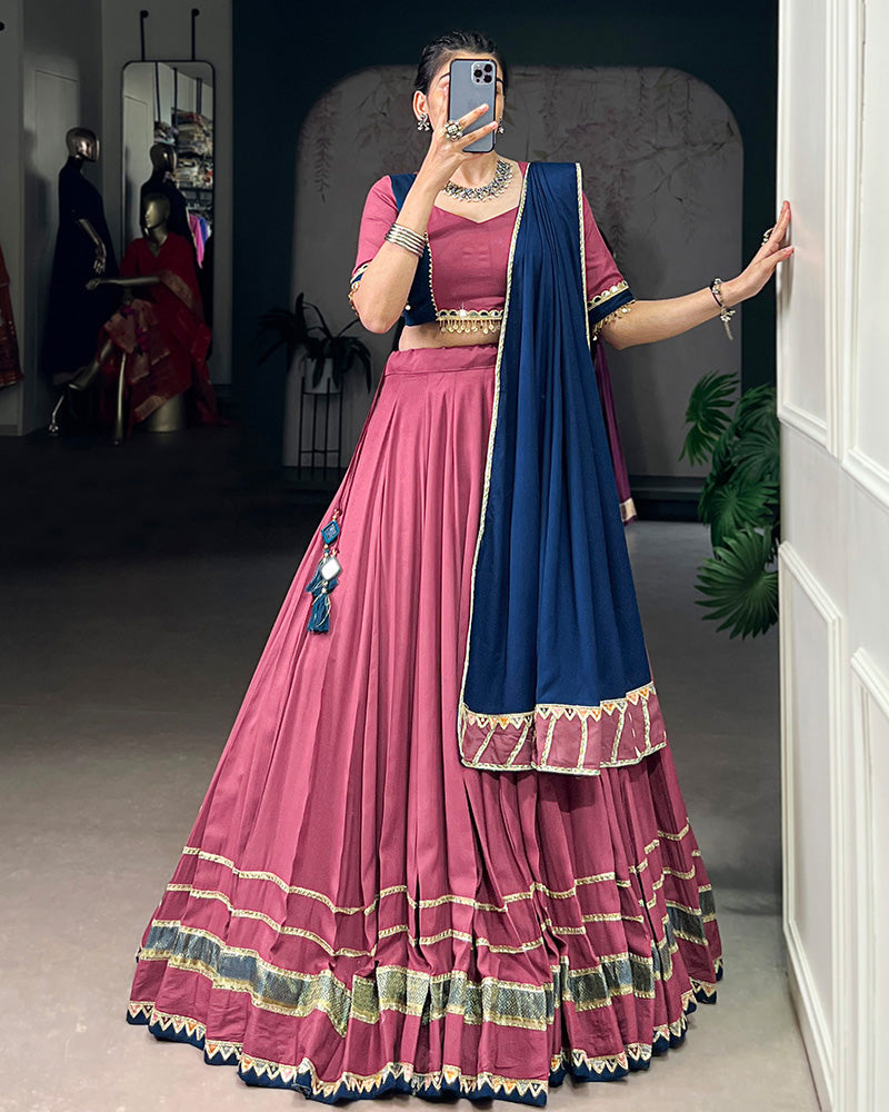 Dusty pink pure rayon lace mirror work lehenga choli with dupatta