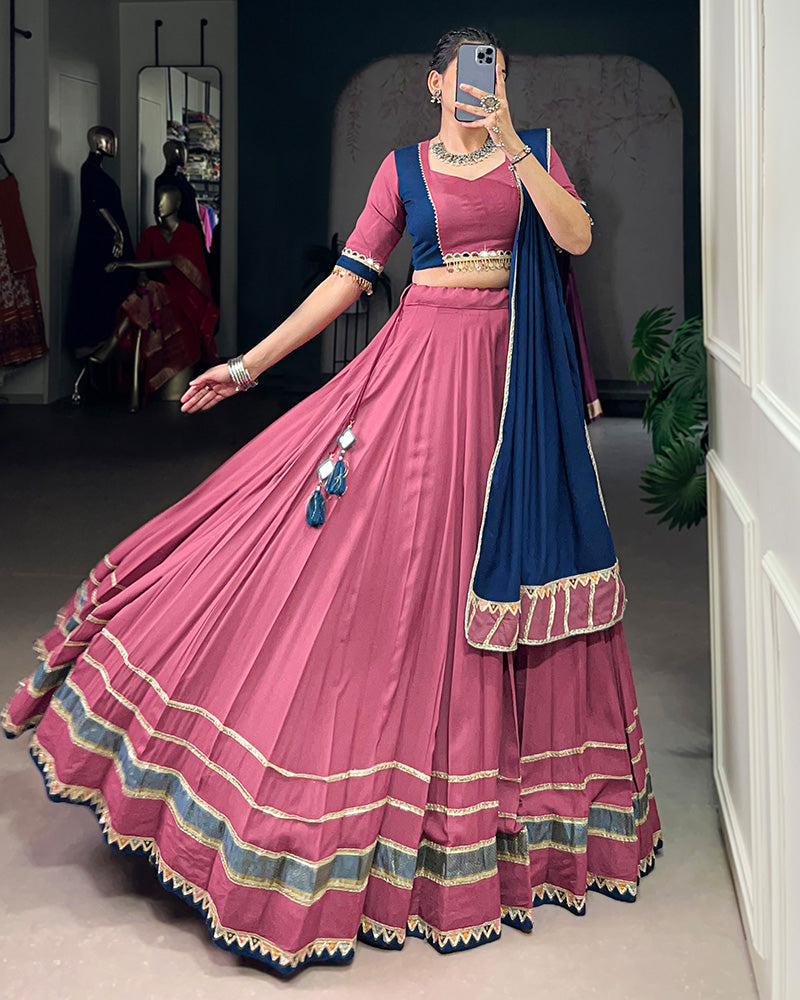 Dusty pink pure rayon lace mirror work lehenga choli with dupatta