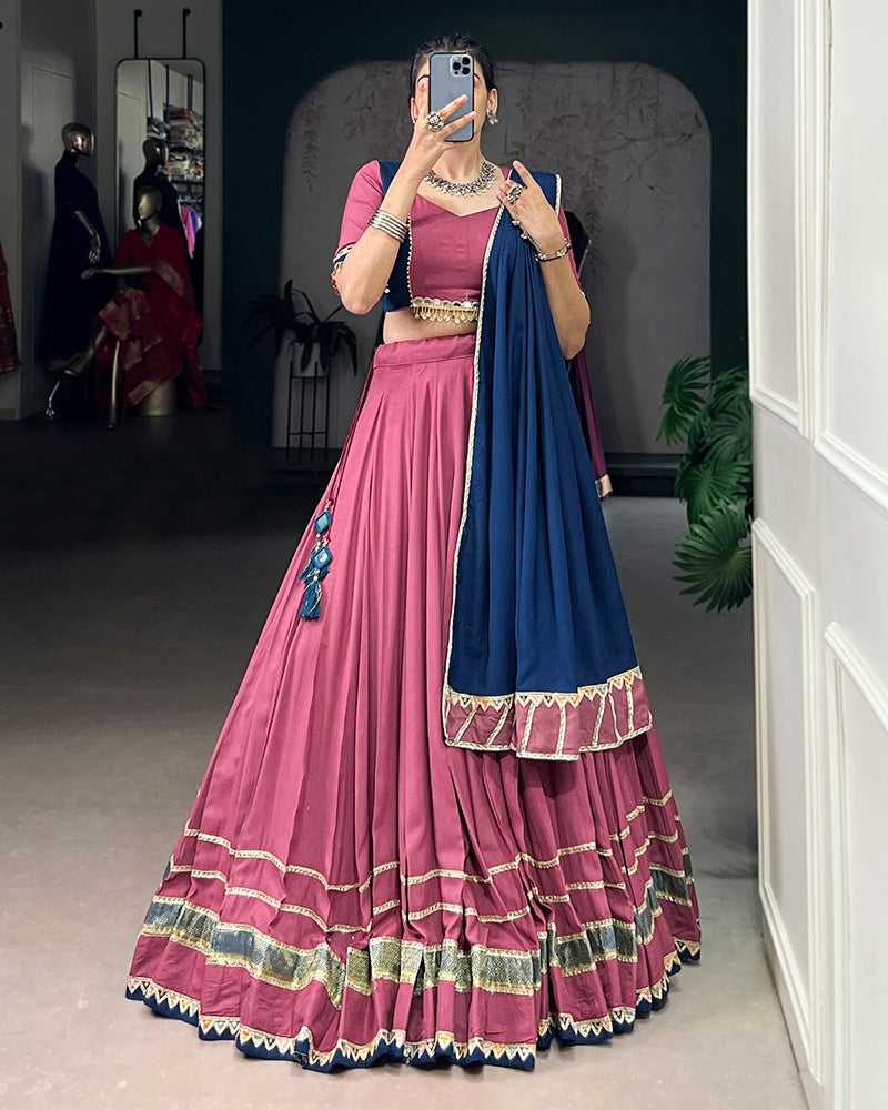 Dusty pink pure rayon lace mirror work lehenga choli with dupatta