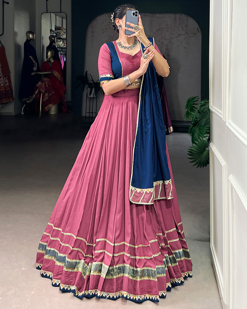Dusty pink pure rayon lace mirror work lehenga choli with dupatta