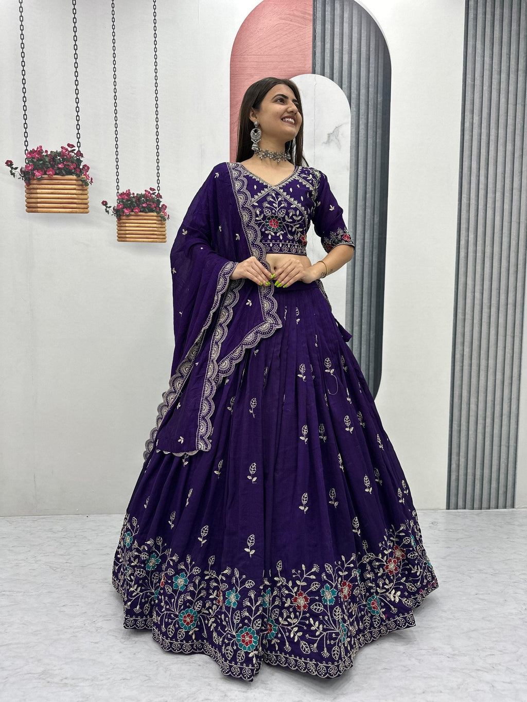 Dviti deep purple vichitra silk embroidery work lehenga choli set