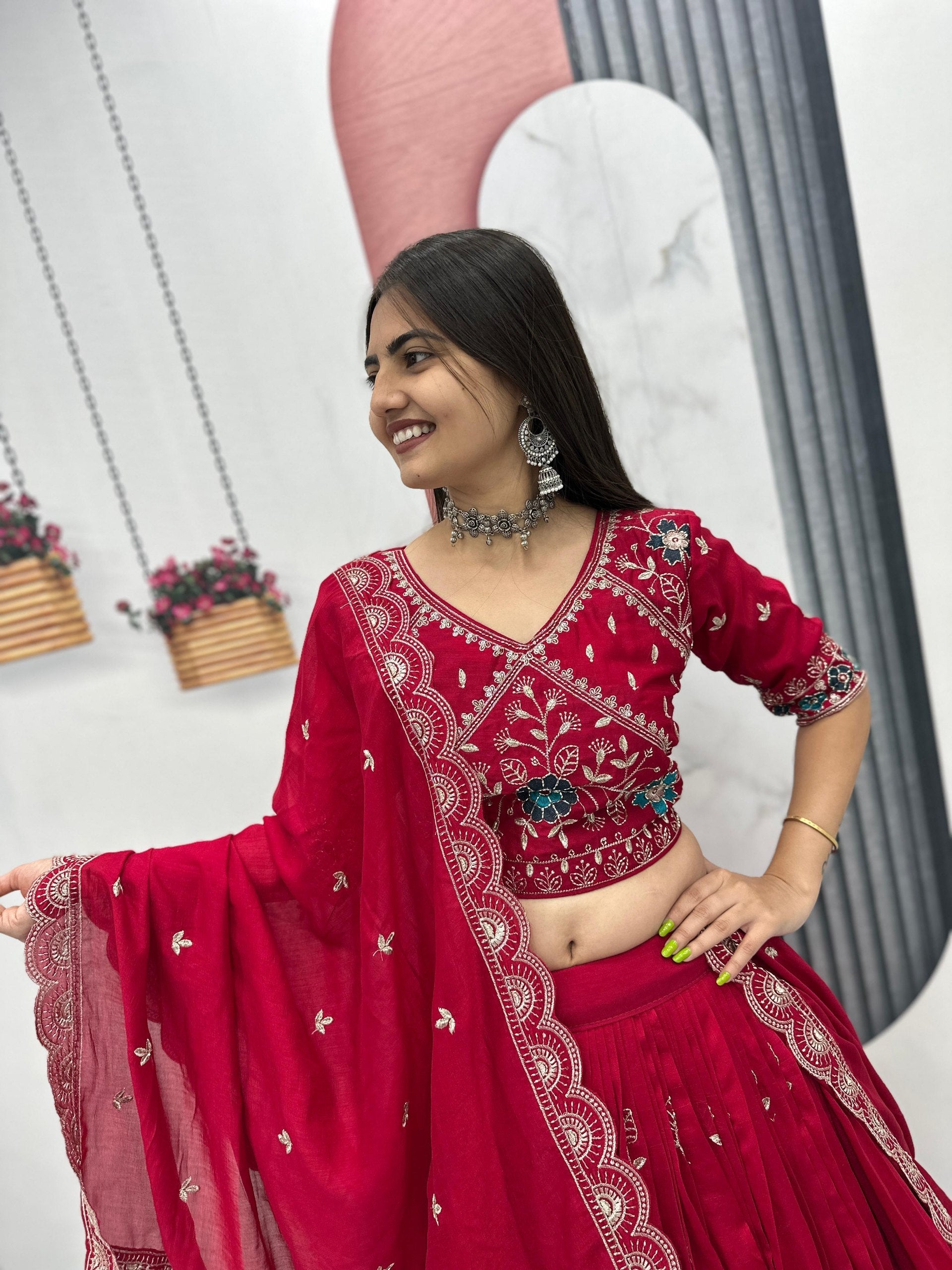 Dviti red vichitra silk embroidery work lehenga choli set