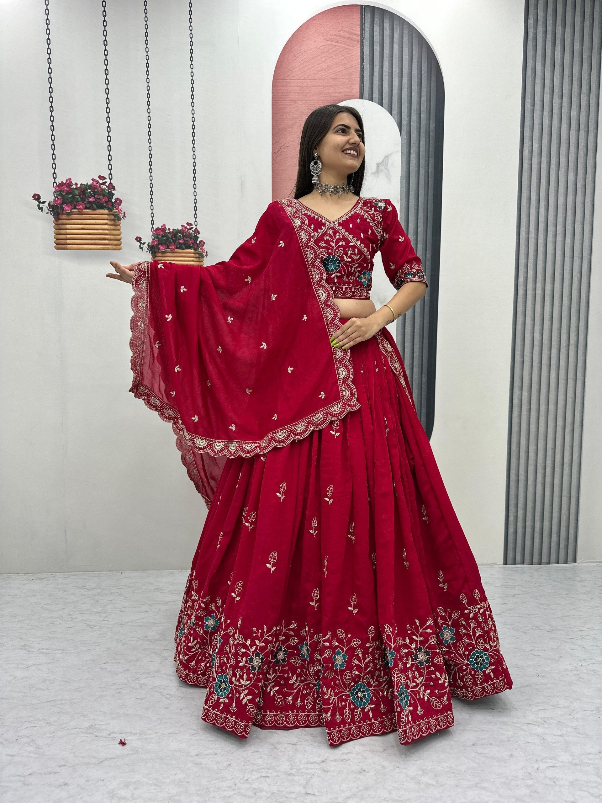 Dviti red vichitra silk embroidery work lehenga choli set