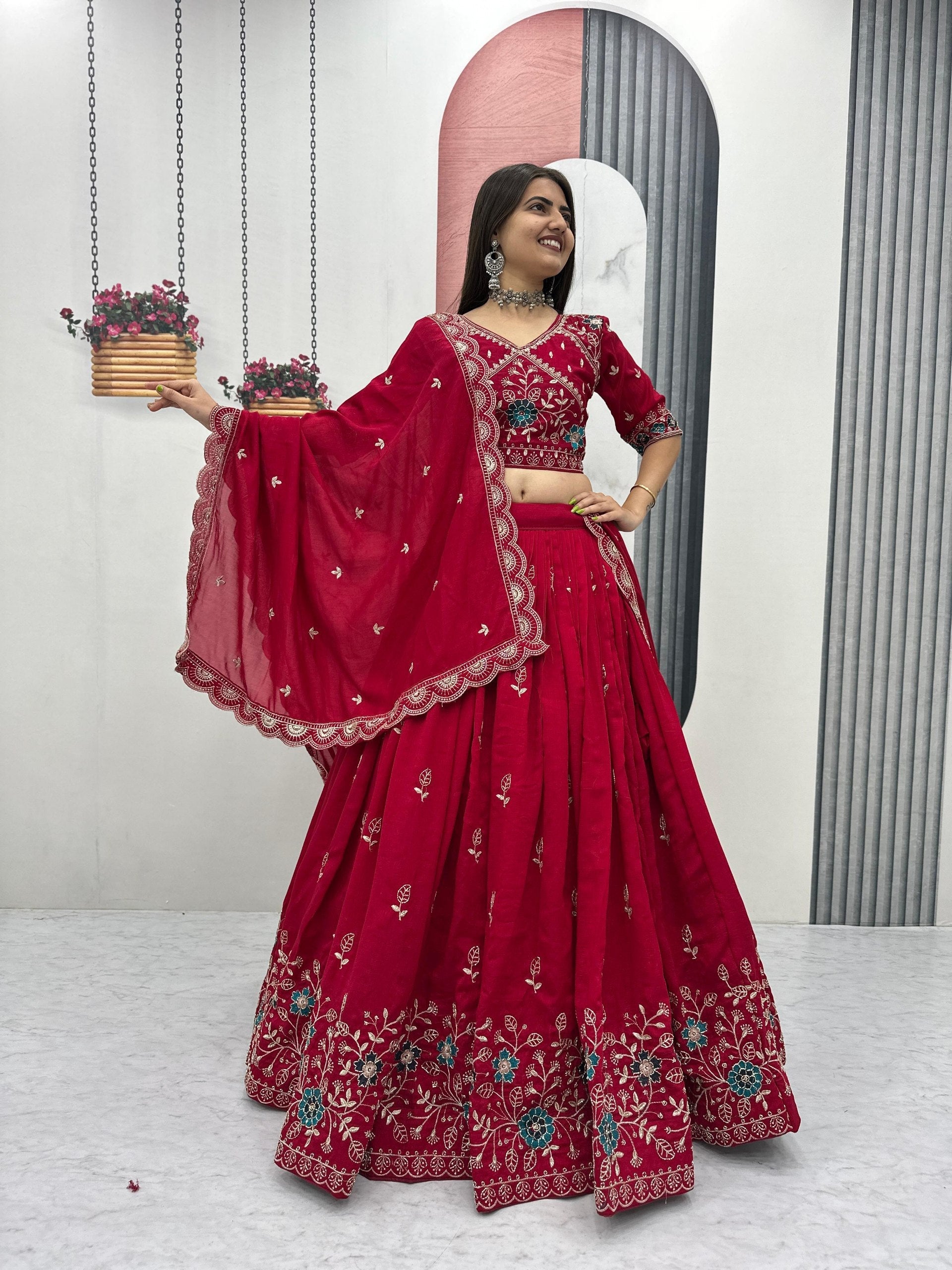 Dviti red vichitra silk embroidery work lehenga choli set