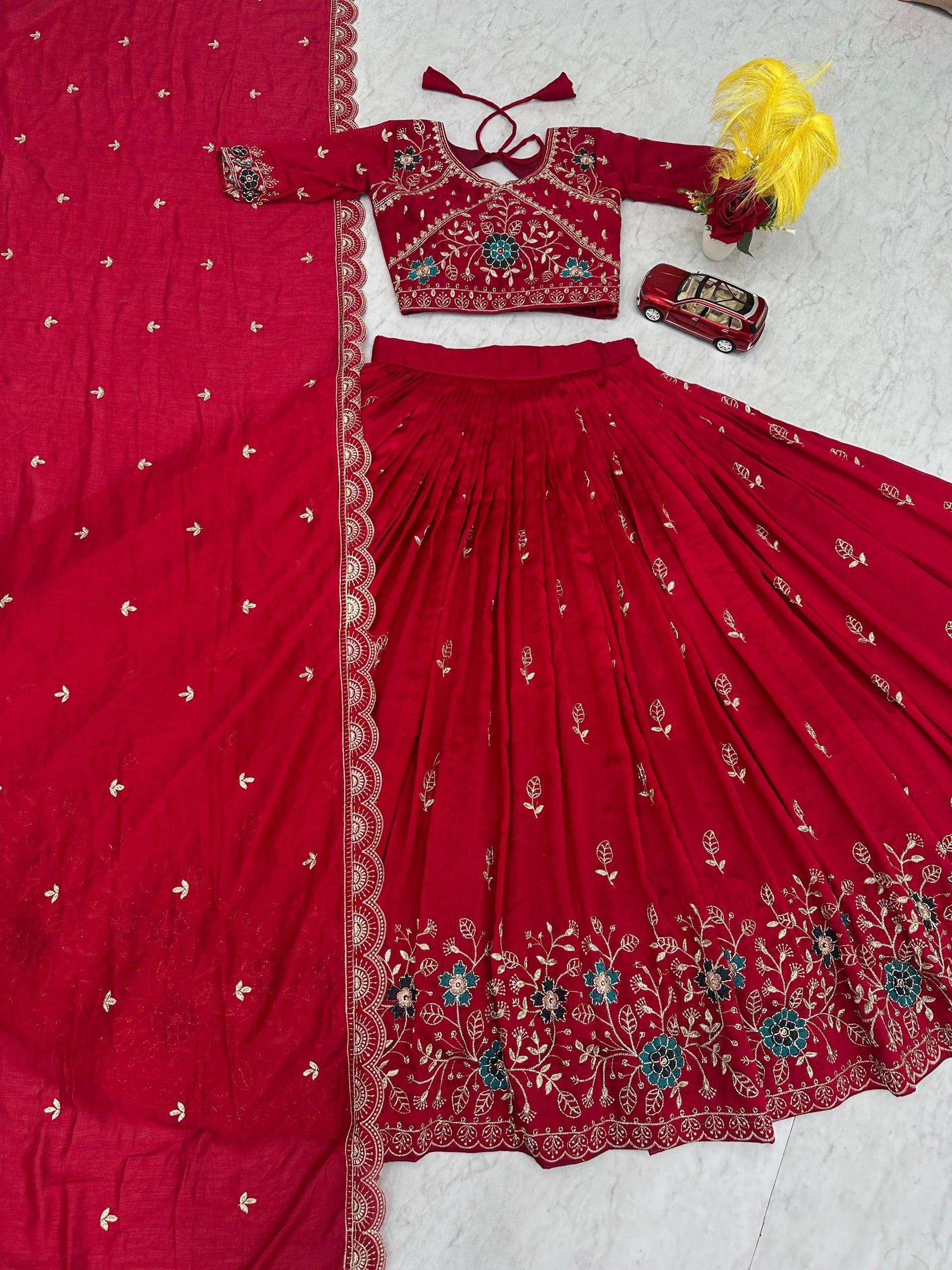 Dviti red vichitra silk embroidery work lehenga choli set