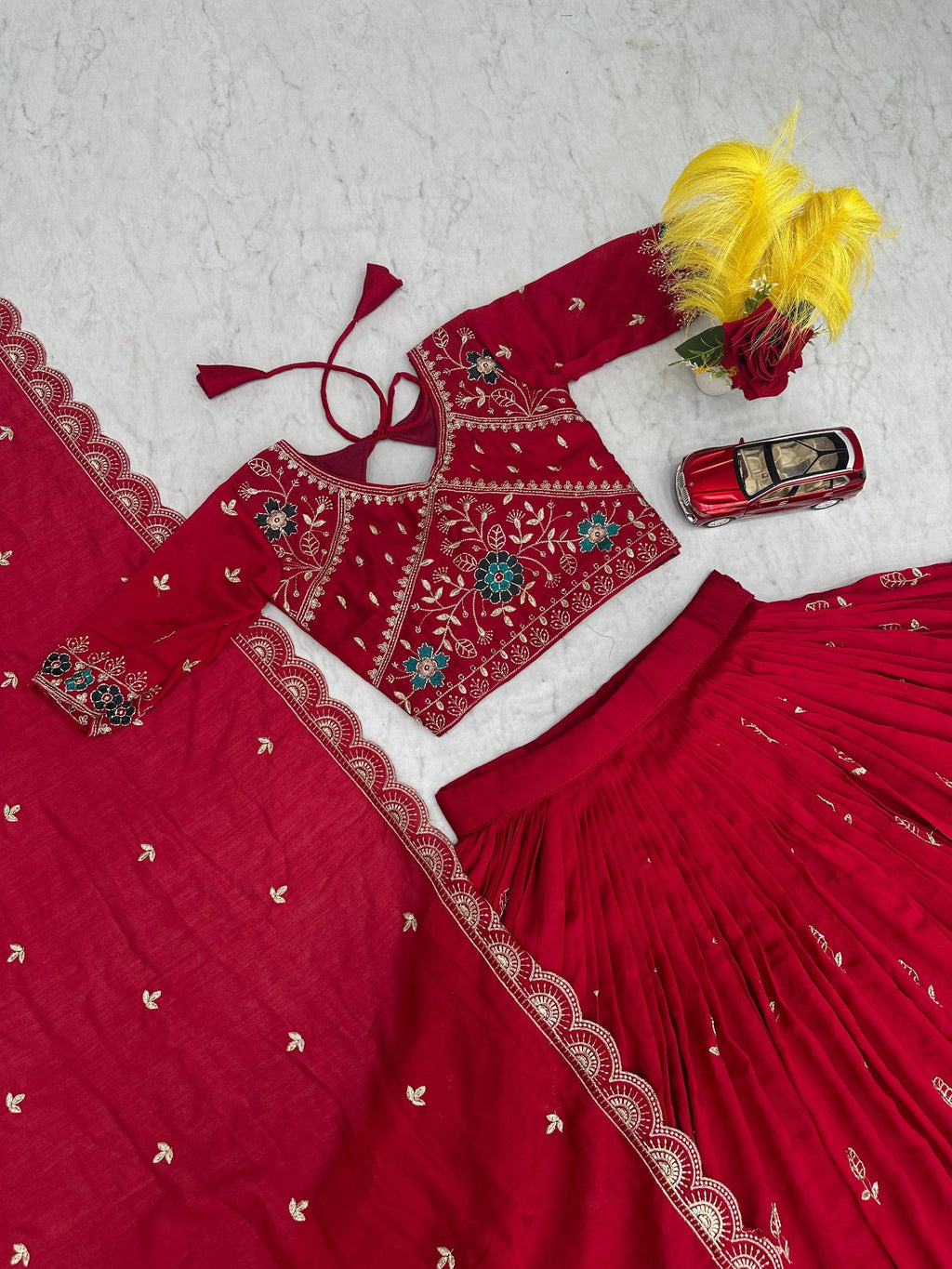 Dviti red vichitra silk embroidery work lehenga choli set