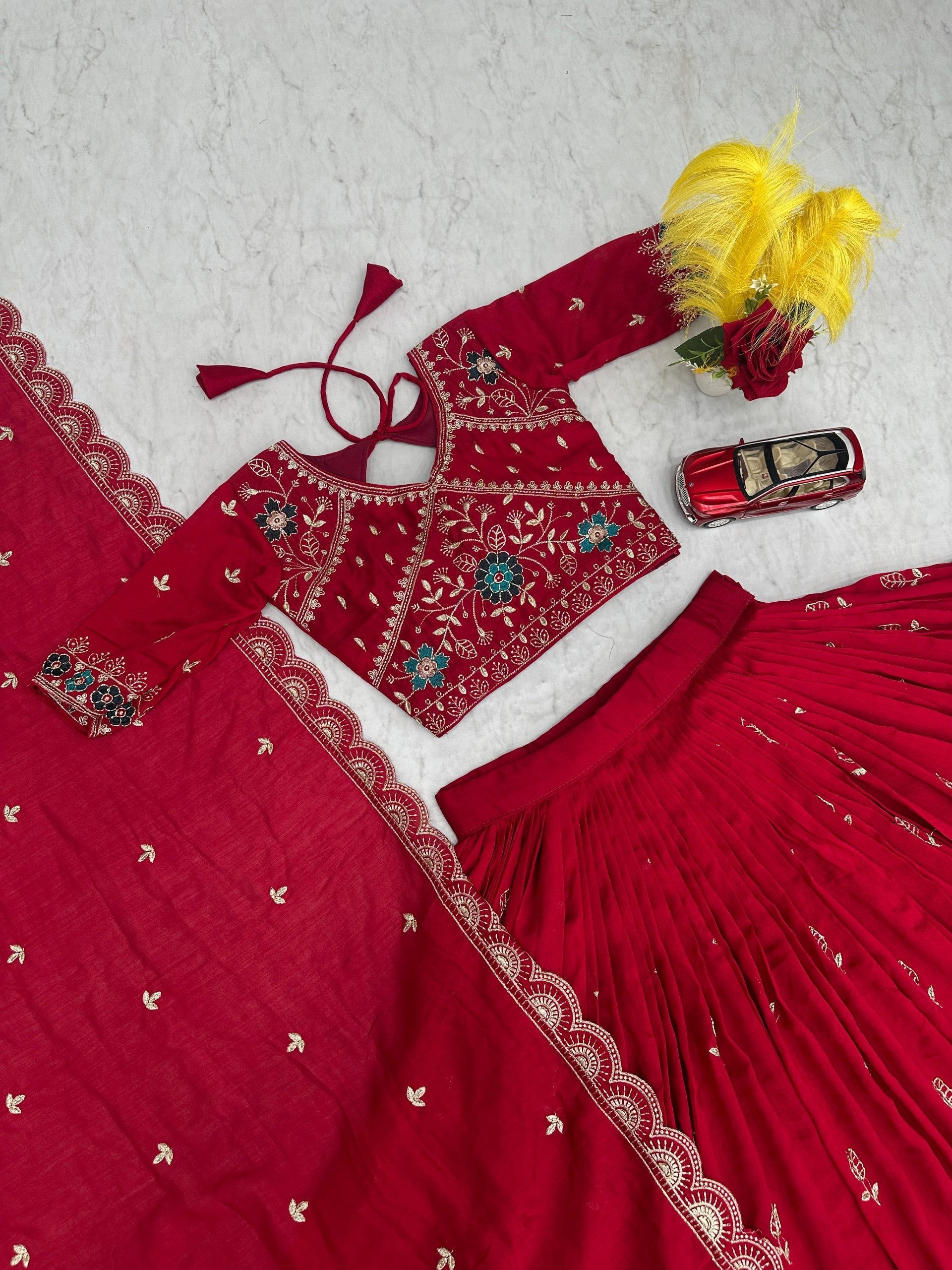 Dviti red vichitra silk embroidery work lehenga choli set