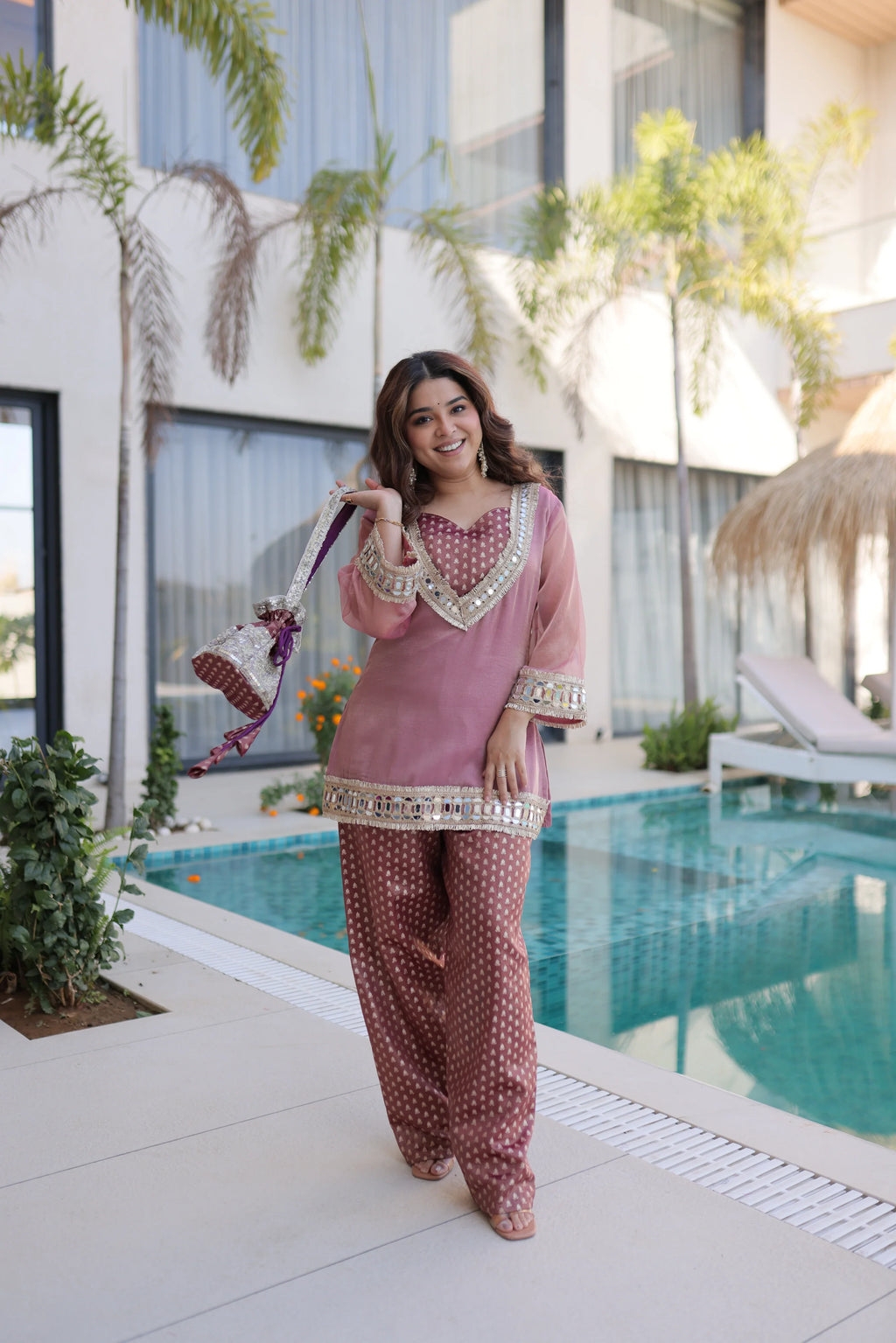 Elvani mauve pink Salasa silk co-ord kurta set with mirror work